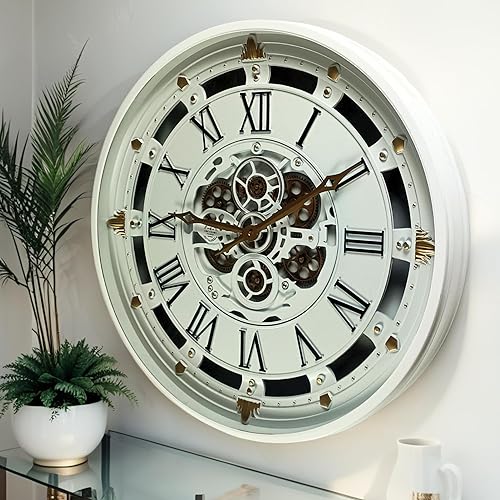 ImprovingLife The Gears Clock - Reloj de pared de 26 pulgadas con engranajes móviles reales línea Bélgica con cubierta de vidrio (blanco, 26