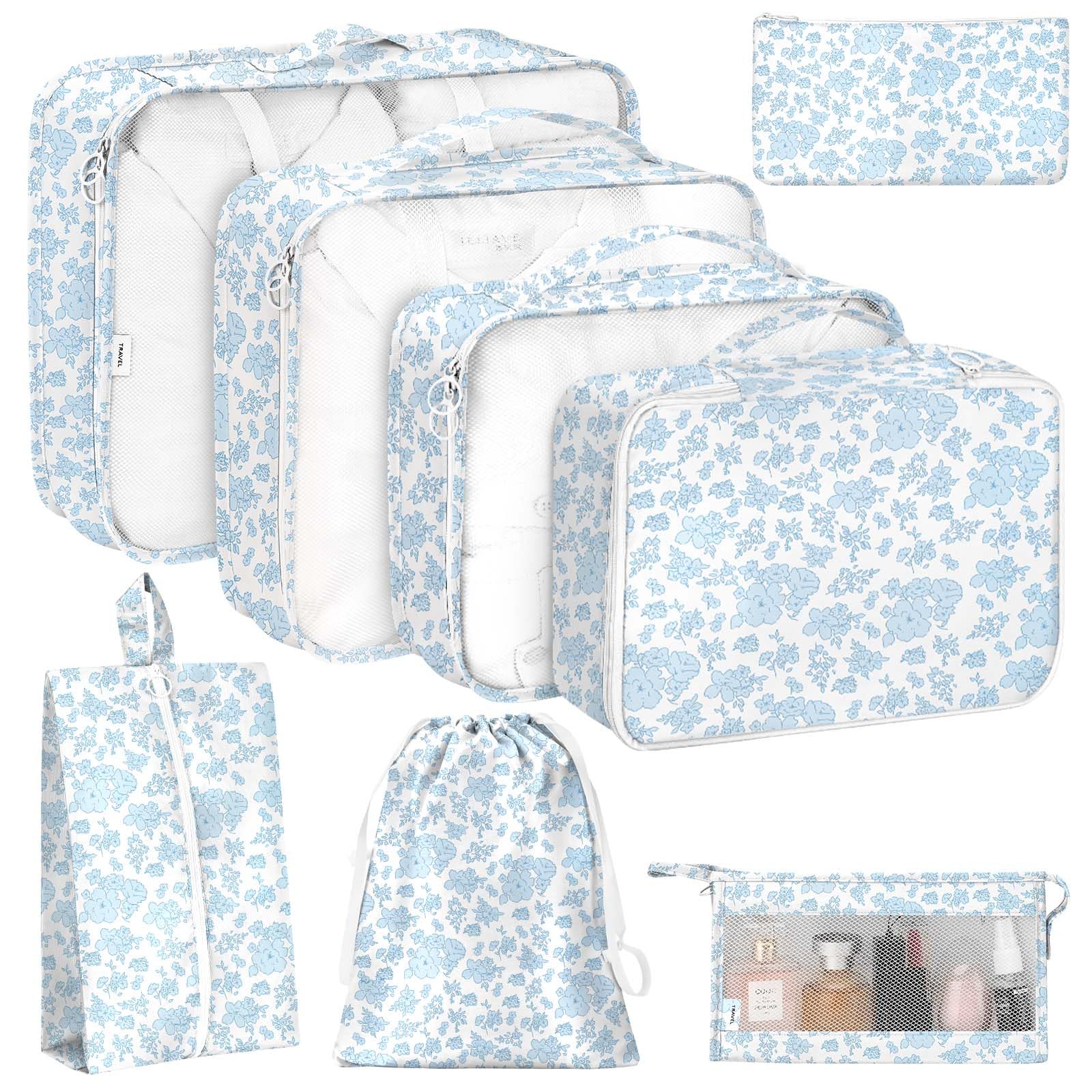 8 Set Packing Cubes for Travel, Luggage Packing Organizers Accessories Large Toiletries Bag for Clothes Shoes Cosmetics (Blue Flower)