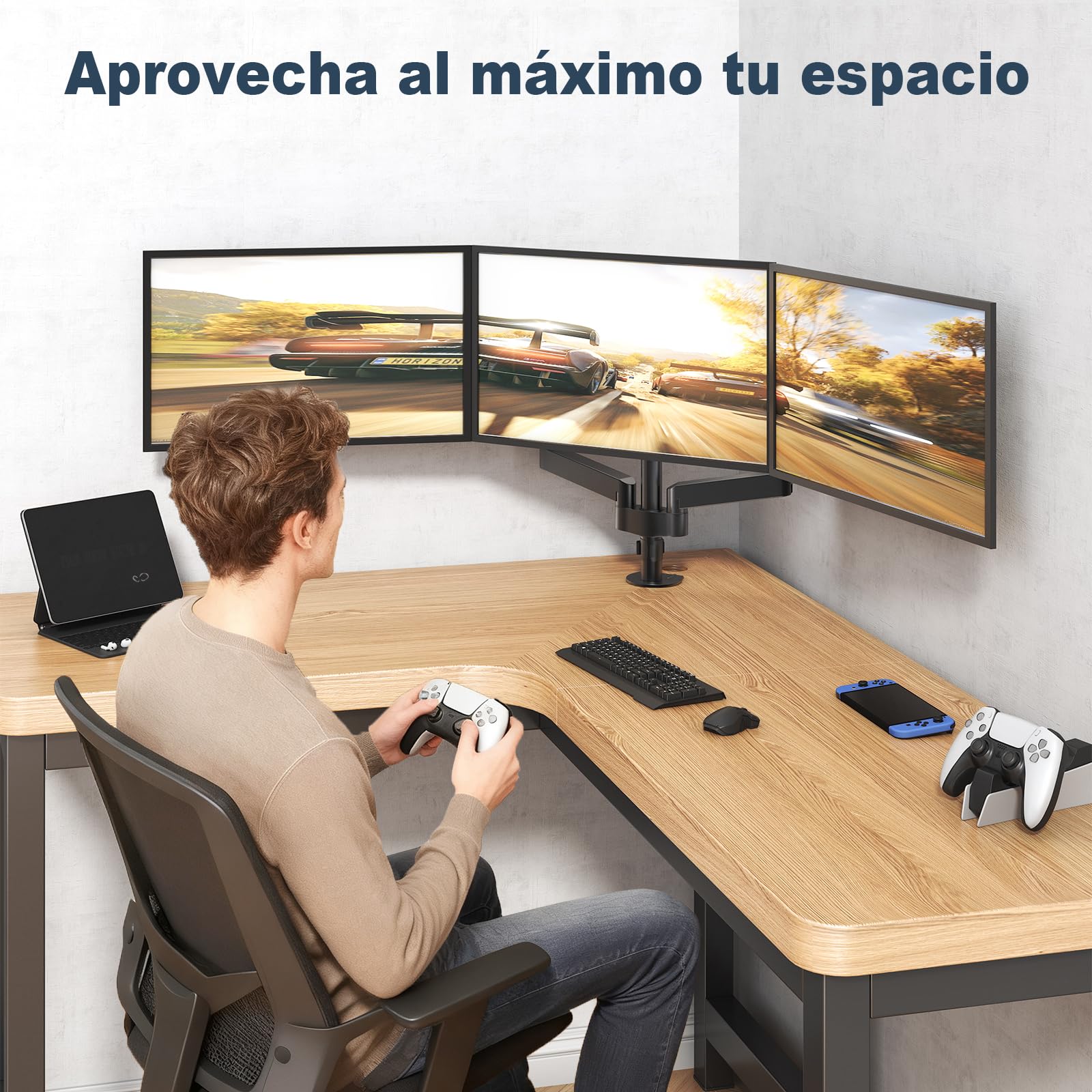WORLDLIFT Soporte de Escritorio para 3 Monitor de Las Pantallas de TV, LCD y computadora de 17”-27”, Triple Brazo de Monitor Capacidad de Carga es 7 kg