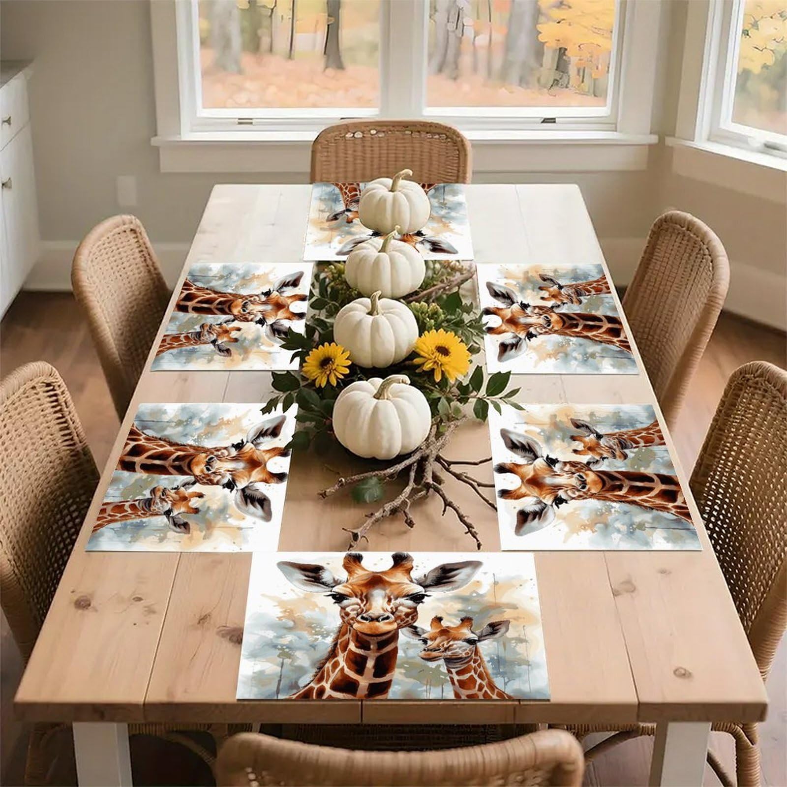 Watercolor Deer Giraffe Placemats Heat Resistant Non-Slip Place Mats Washable Linen Placemats Waterproof Reusable Dining Table Mats for Home Party Dining Kitchen Decor 30x45cm*6