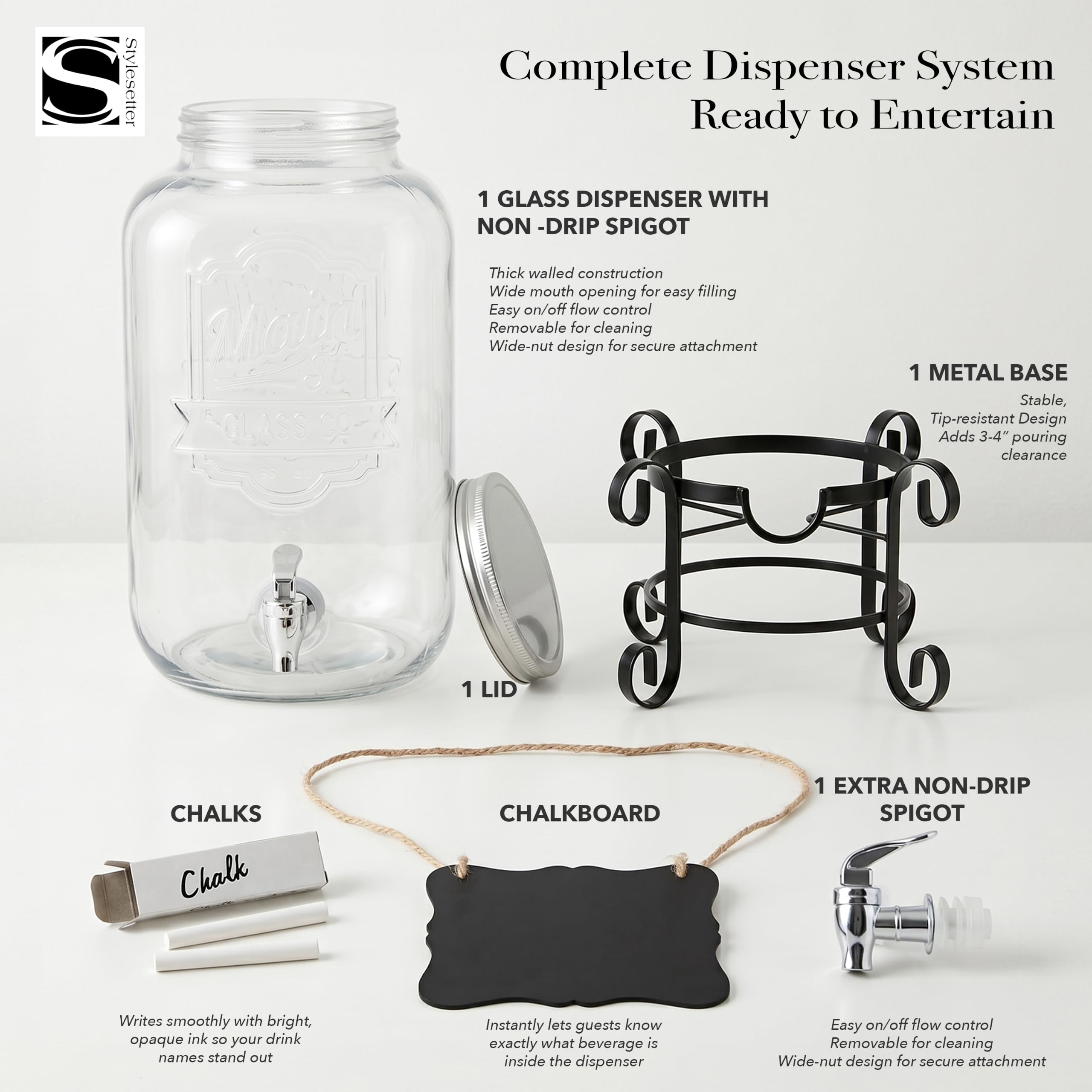 Dispensador de bebidas frías, jarra de cristal, soporte de metal y espiga de acrílico a prueba de fugas, ideal para fiestas, bodas y más