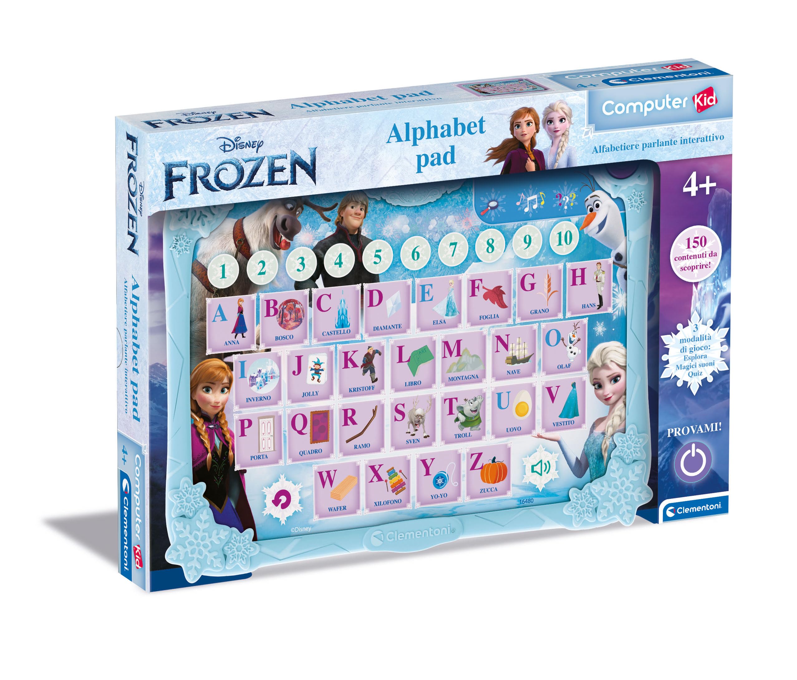 Clementoni - Computer Kid, Disney Frozen Alphabet Pad, Alfabetiere Interattivo, Gioco Educativo 4+ Anni, con attività Elettroniche per Scoprire Lettere, Parole e Numeri, Lingua Italiana, 16480