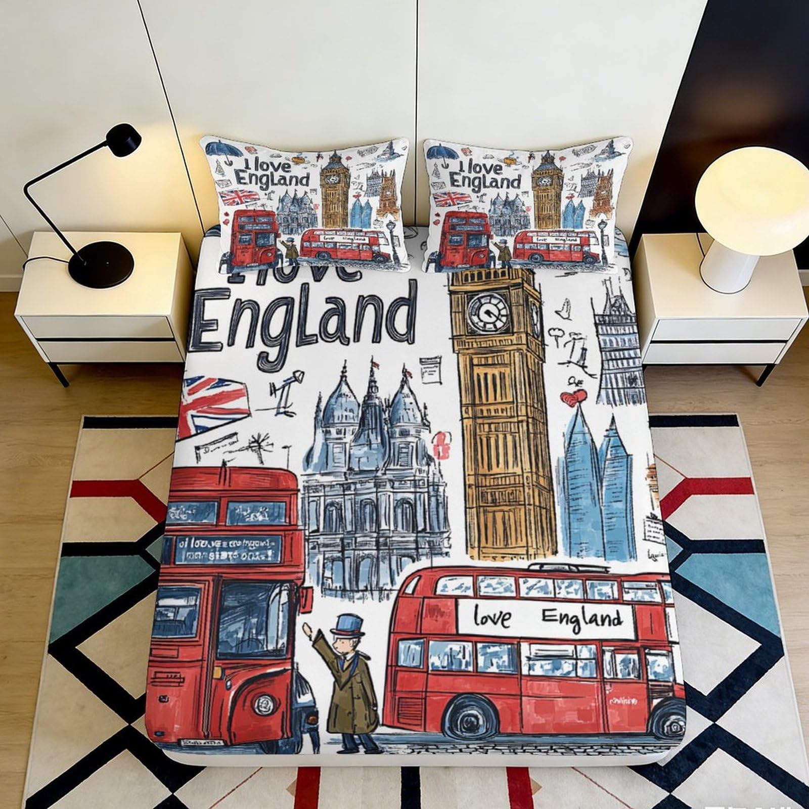 3D Printed London Scenery Fitted Sheet Microfiber Elastic Hem Full Wrap London Theme Mattress Fitted Cover Deep Pocket Washable 200x200x25cm