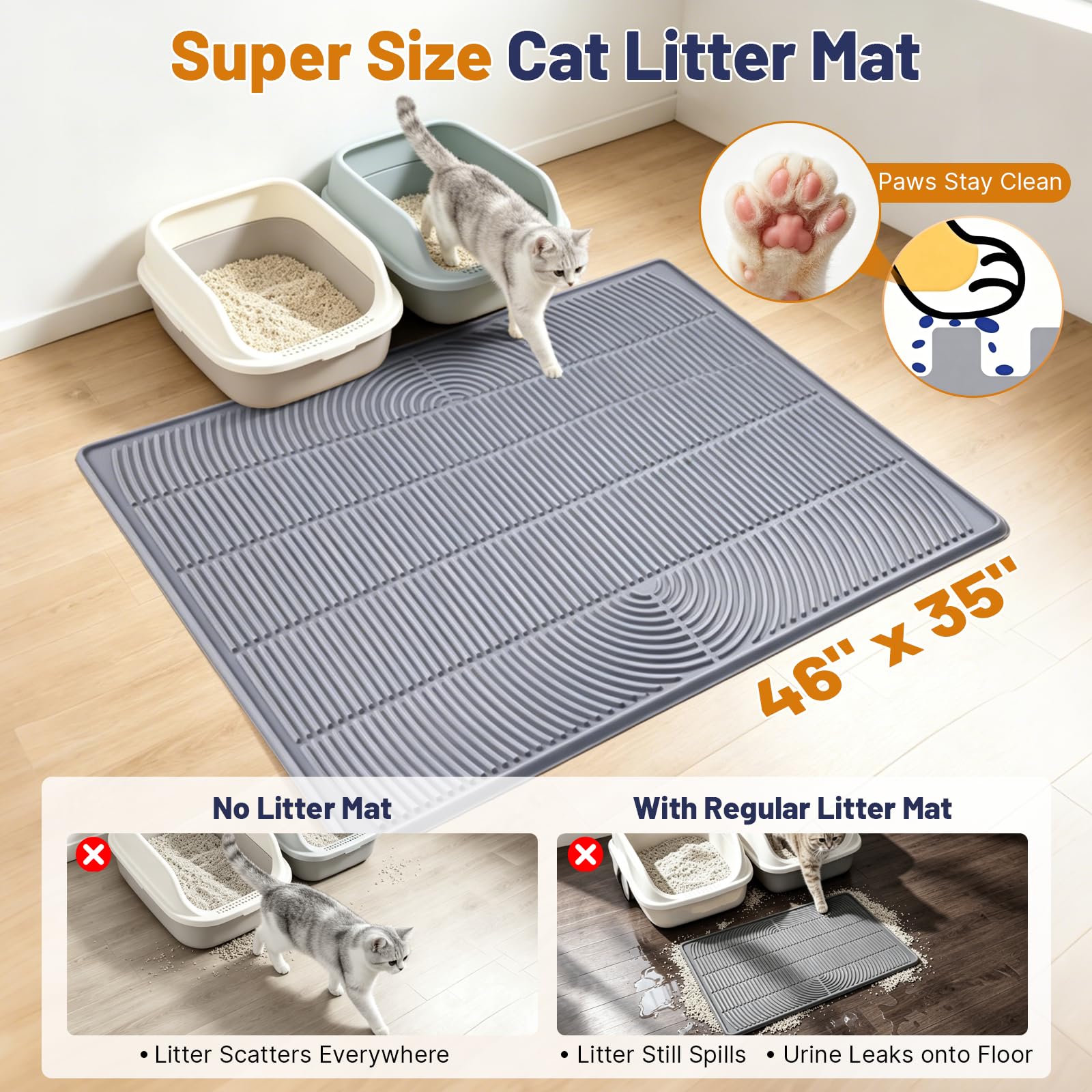 Tappetino per lettiera per gatti, XL, 117 x 88,9 cm, impermeabile, in silicone, grigio