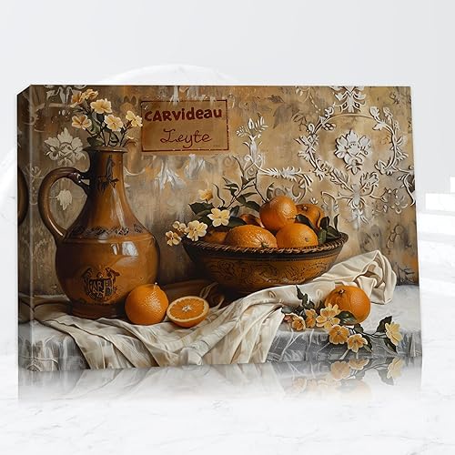 TABINDEX Decoración de pared vintage de cocina campestre, pintura de jarrones de naturaleza muerta, arte de pared naranja para decoración de