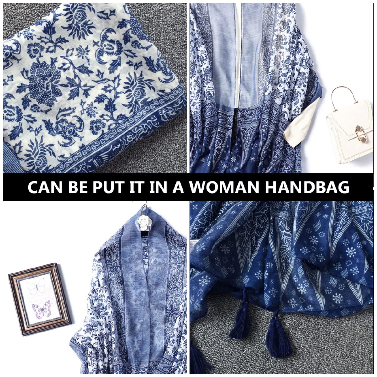 GALPADA 3pezzi Sciarpa Lunga Cotone Con Motivo Porcellana Blu e Bianco Elegante Sciarpa Frangia Femminile Per Picnic Spiaggia e Attività All Aperto