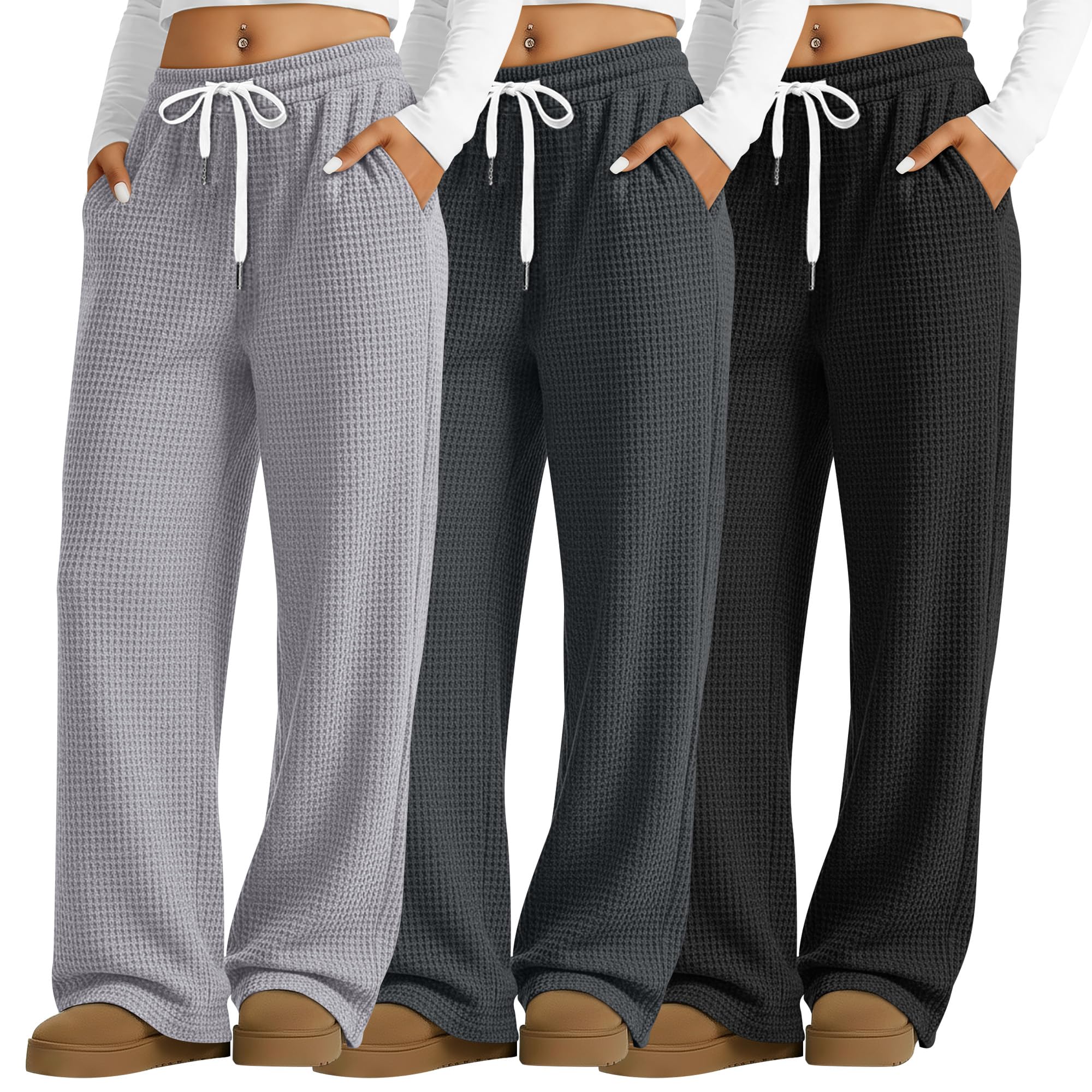Neer 3 Pack Womens Waffle Knit Pants Wide Leg Baggy Sweatpants Casual Drawstring High Waisted with Pockets Knit