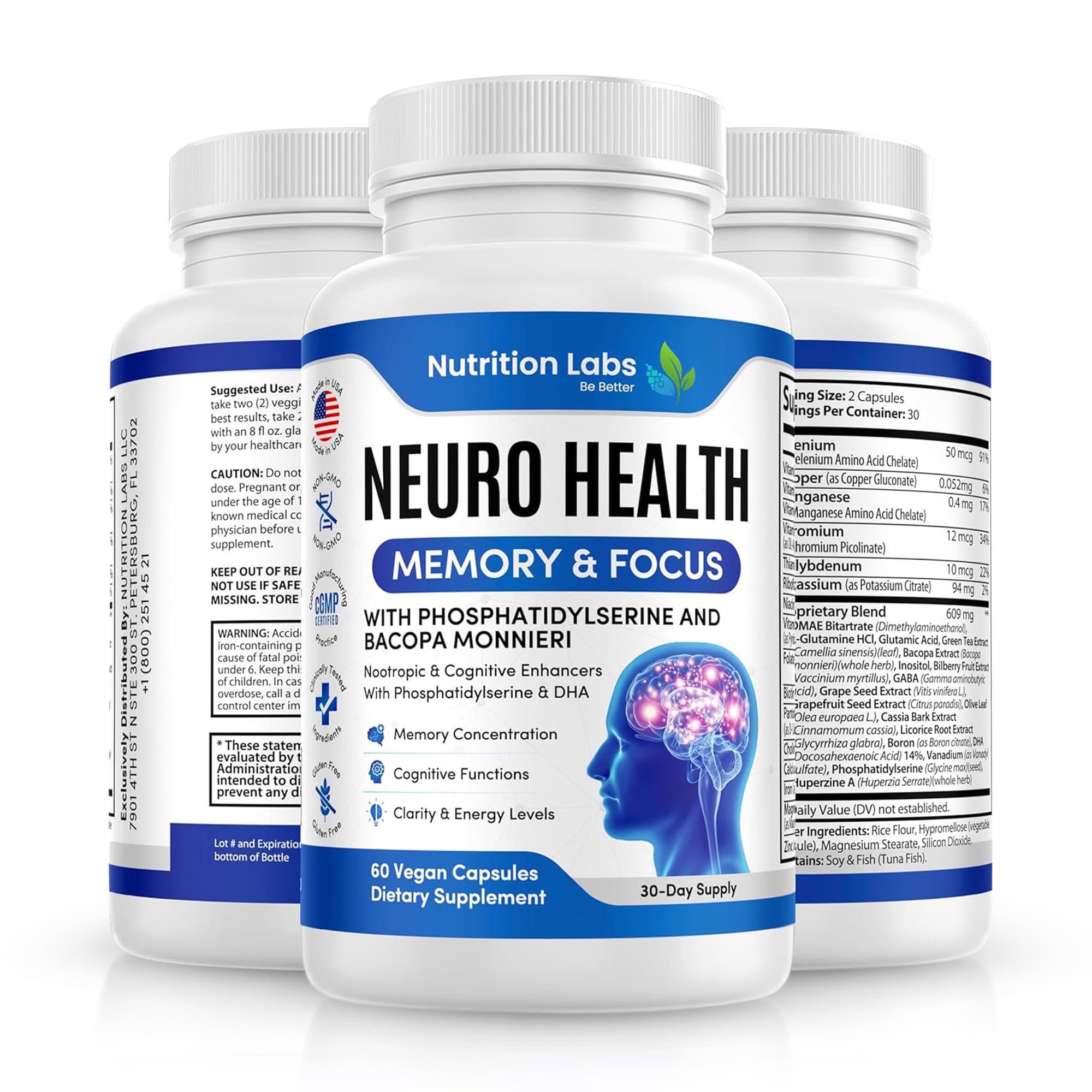 NUTRITION LABS BE BETTER Suplemento multivitamínico para foco com vitamina B6, bacopa monnieri e ácido docosa-hexaenoico, 30 cápsulas
