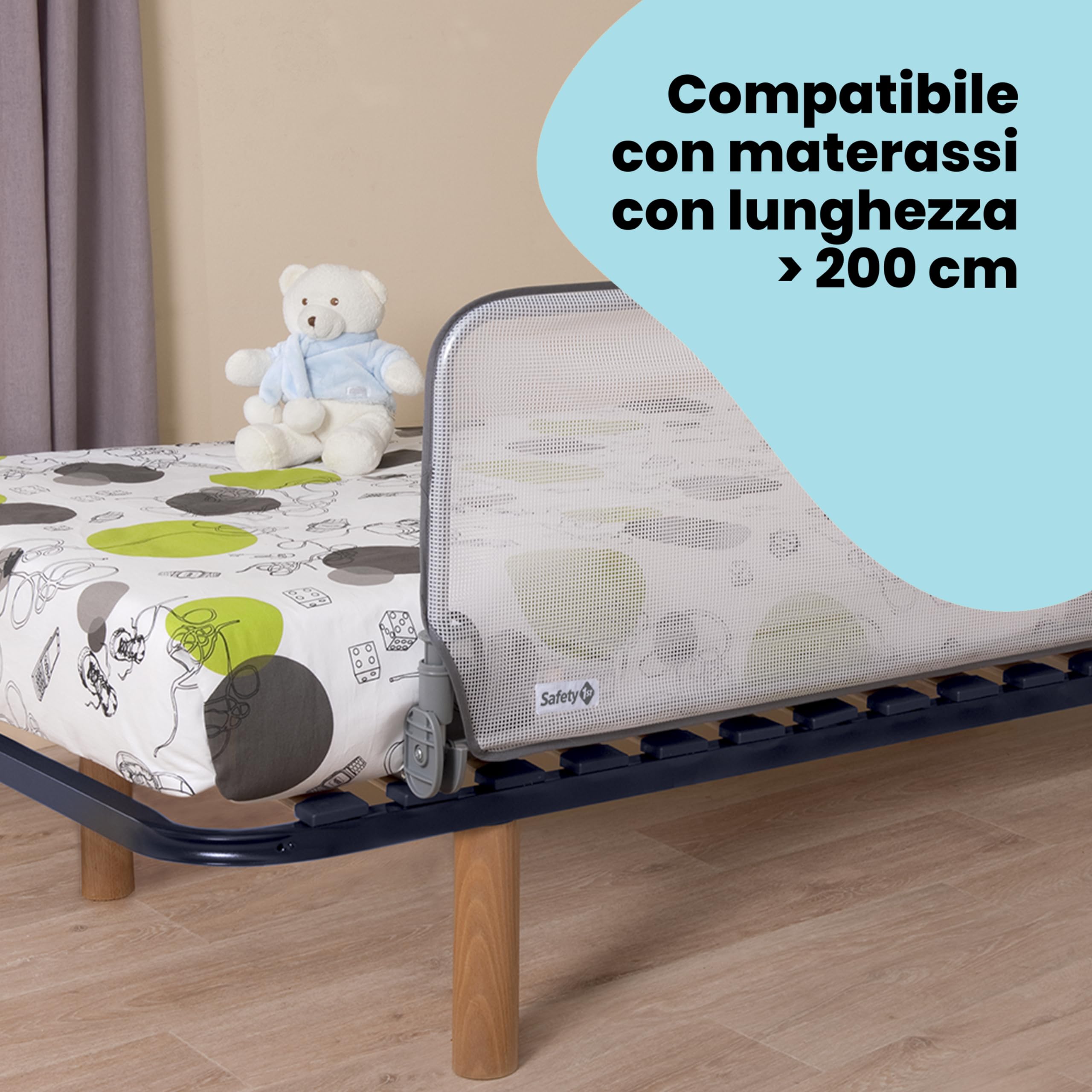 Safety 1st Barriera Letto Bambini 150 cm, Sponda 18 Mesi - 5 Anni, Sbarra Letto Bambini Reclinabile, Paracolpi Tessuto in Rete, Blocco Automatico, Semplice da Pulire, Bianco
