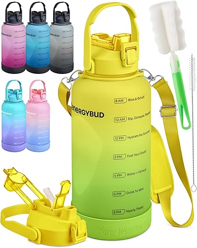 Botella de agua de 1 galón con pajilla extraíble y asa apta para lavavajillas, libre de BPS y BPA y DEHP + 2 cepillos grande botella grande con