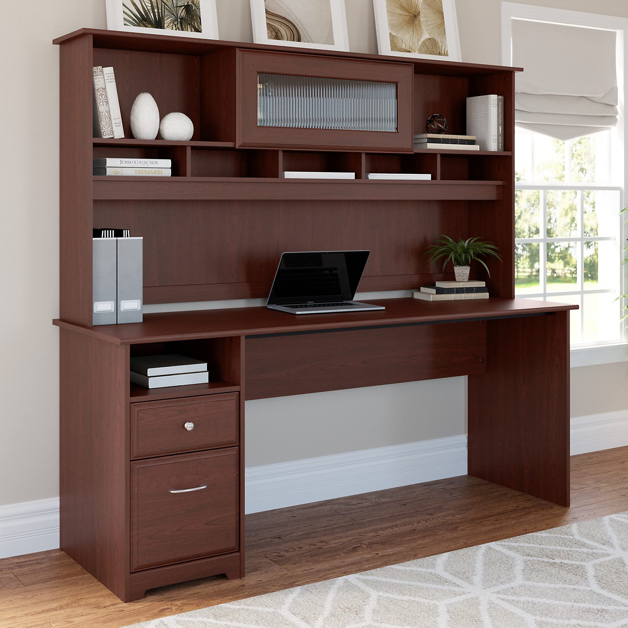 Bush Furniture Cabot 72W Computer Desk with Hutch and Drawers in Harvest Cherry
