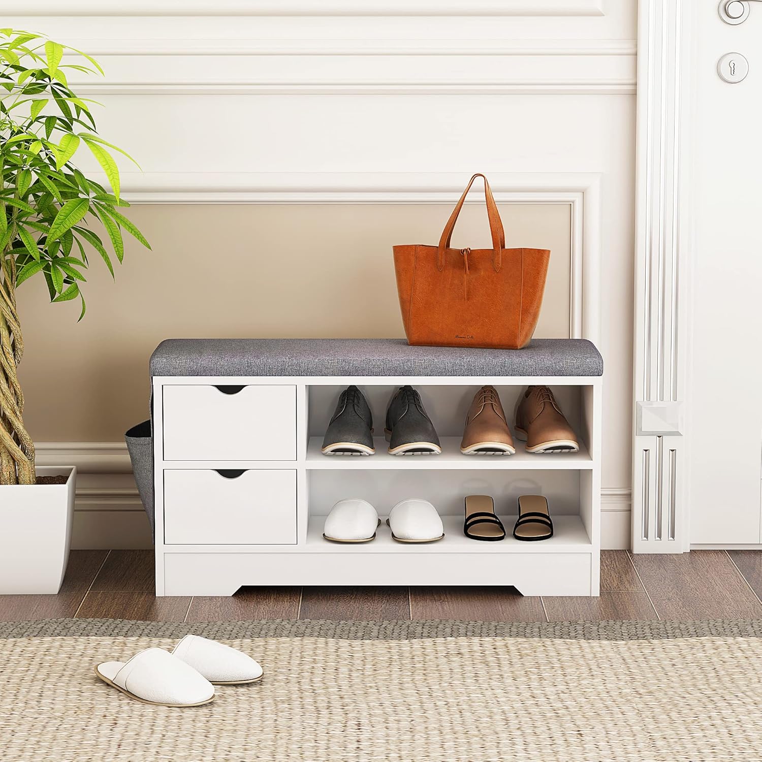 WelFurGeer Shoe Bench with Cushion, Entryway Bench with Storage, Shoe Bench Entryway with Storage, Shoe Rack with Bench White 2 Storage Drawers White + Grey