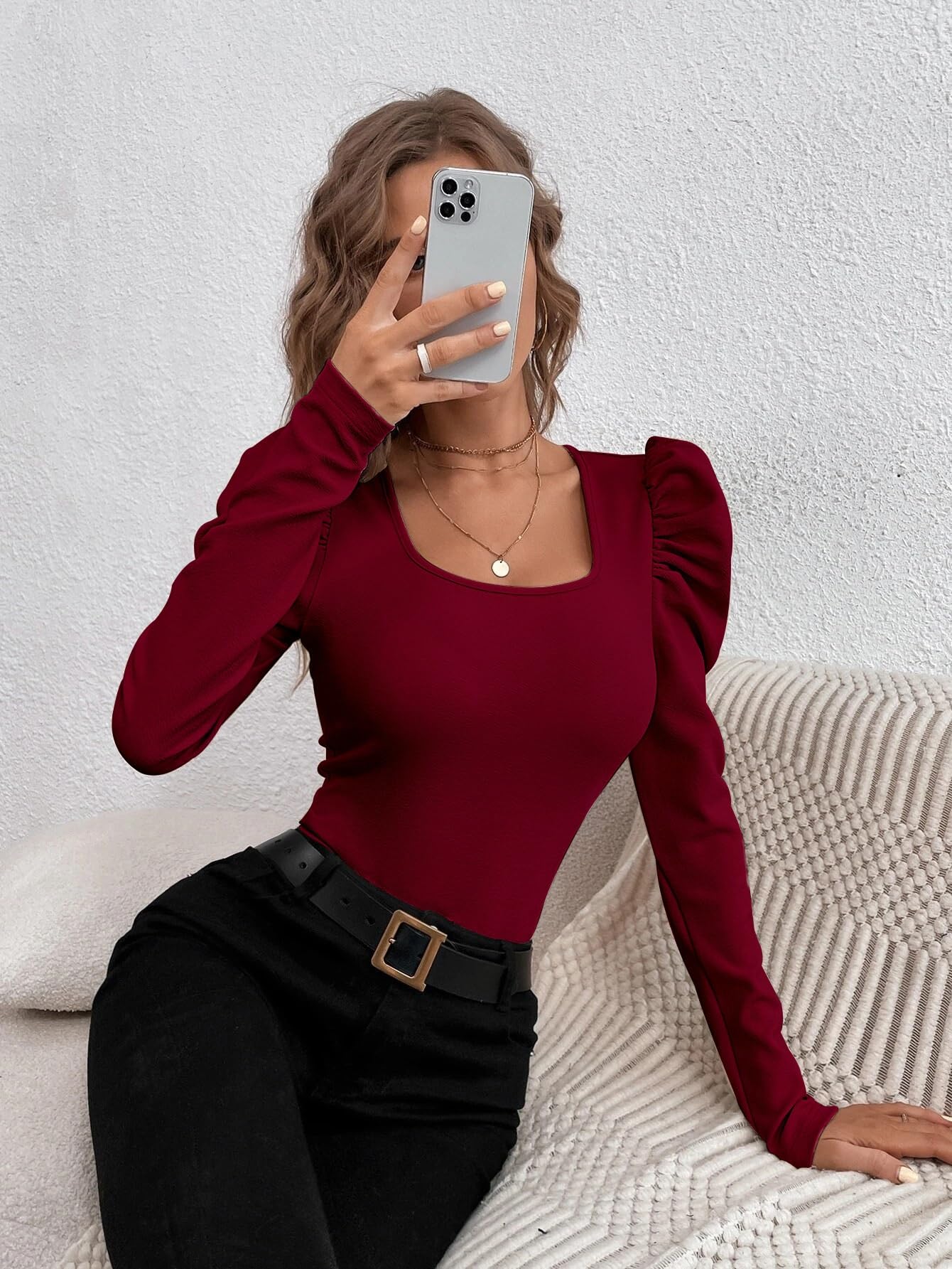 Camiseta Ajustada de Punto Acanalado Informal con Manga Larga y Cuello Cuadrado for Mujer Color Caqui pequeño