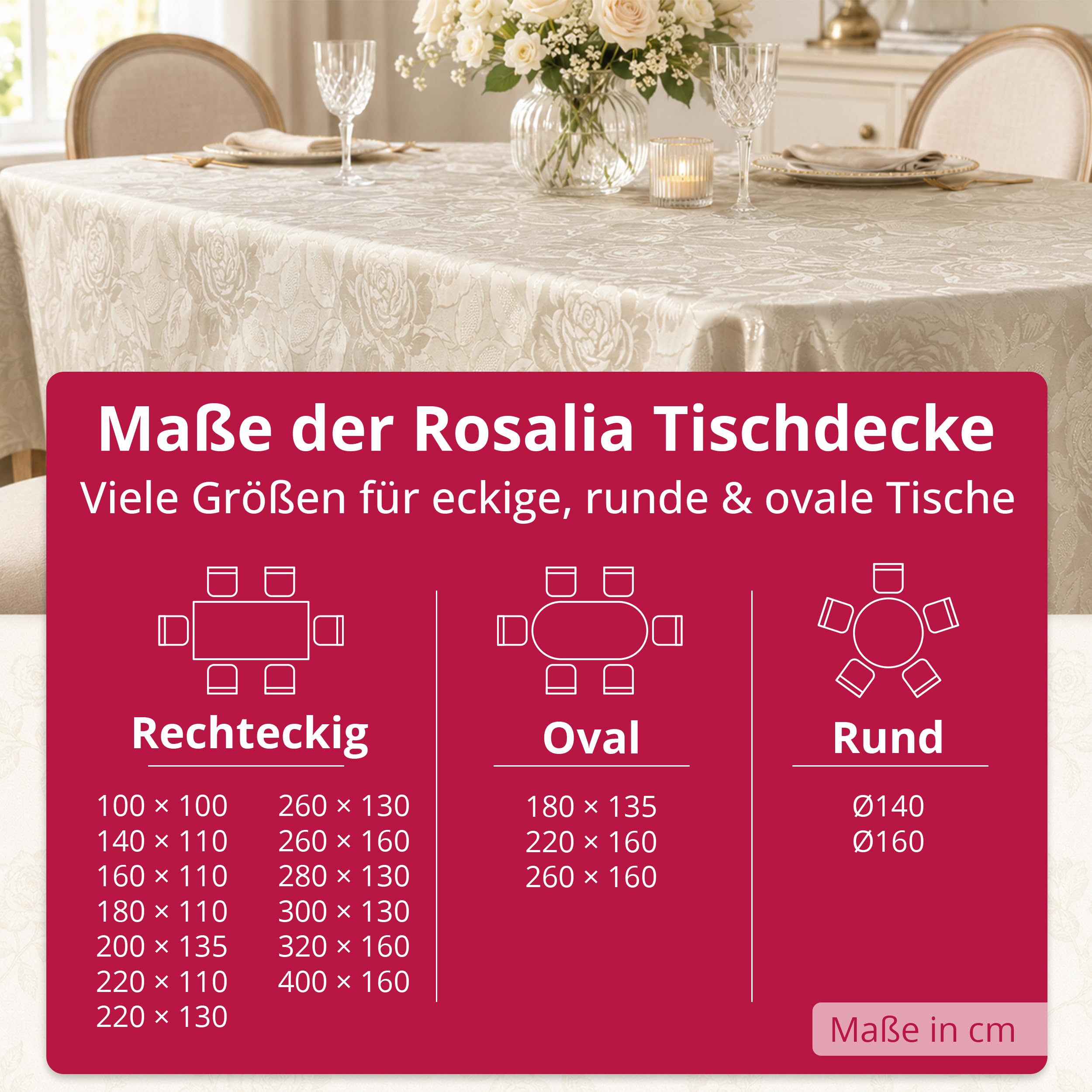 DecoHomeTextil Retro Tischdecke Rosalia mit feinem Rosenmuster – Für eine warme, Elegante Tischatmosphäre, Rechteckig 160 x 320 cm Champagner, der Klassiker