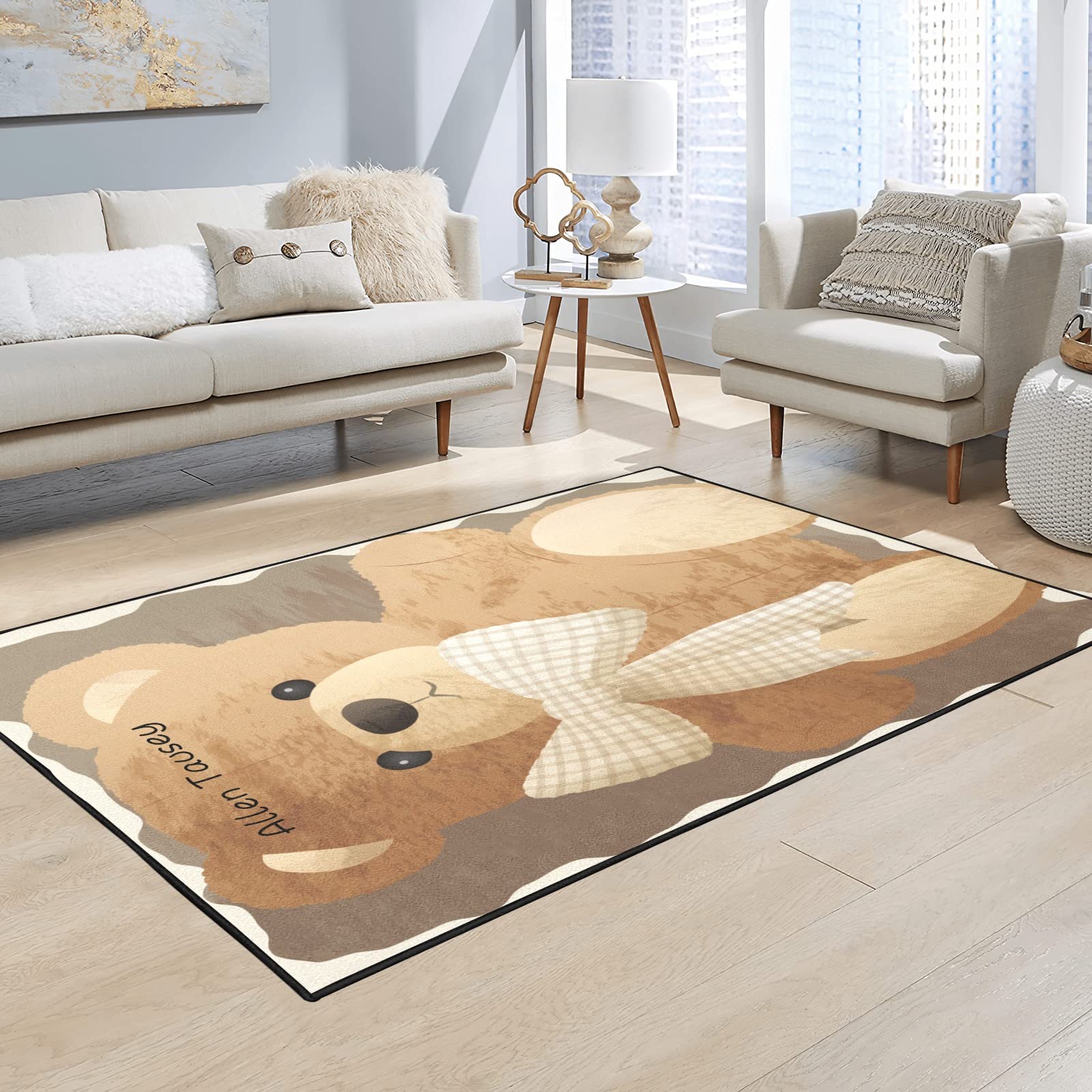 Bow Teddy Bear Personalized Polyester Fiber Non-Slip Home Name Text Carpets,Custom Area Rug Carpet Floor Mat for Bedroom Living Room Home Size 5.2'