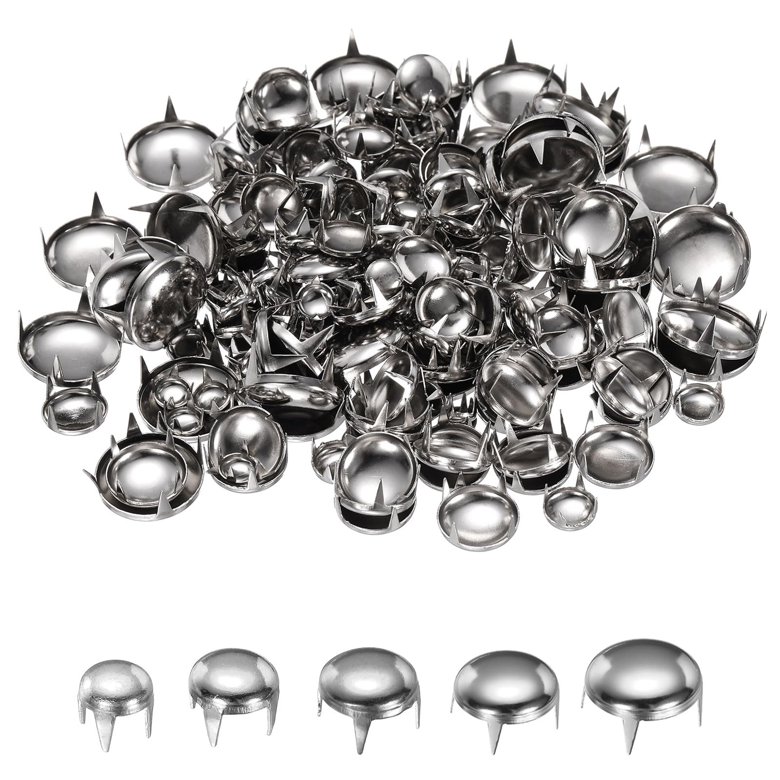 sourcing map 200pcs Round Dome Rivets 6/8/10/12/16mm Carbon Steel 4 Claw Rivet Metal Spike Studs Spots Punk Rock for Leather Craft Clothes Belt Bag Shoes Bracelet Accessories, Silver
