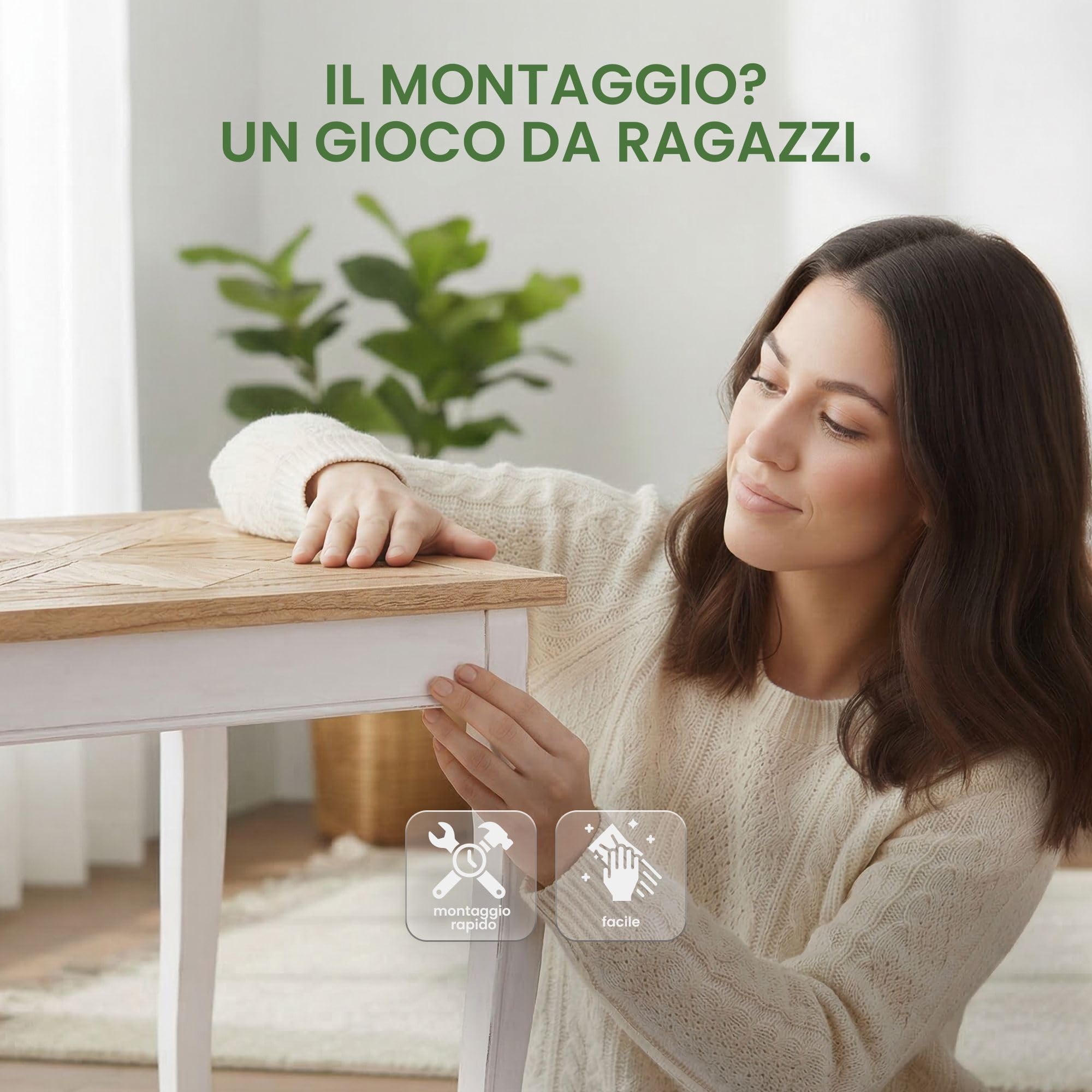 CLP Tavolo da pranzo quadrato 80 x 80 cm Lindon, tavolo da cucina stile country, piano quadrato in legno massello di olmo, gambe Shabby Chic | Colore natura/bianco