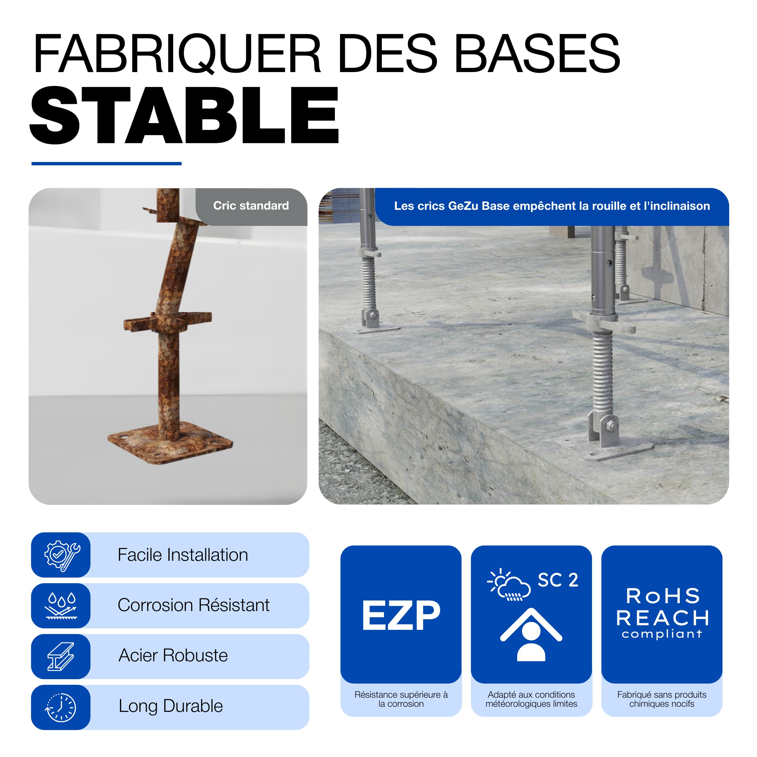 GeZu Impex Pied d'échafaudage avec Tige Filetée Ø 38 x 500 mm Lot de 4 | Galvanoplastie plaques de pieds réglables
