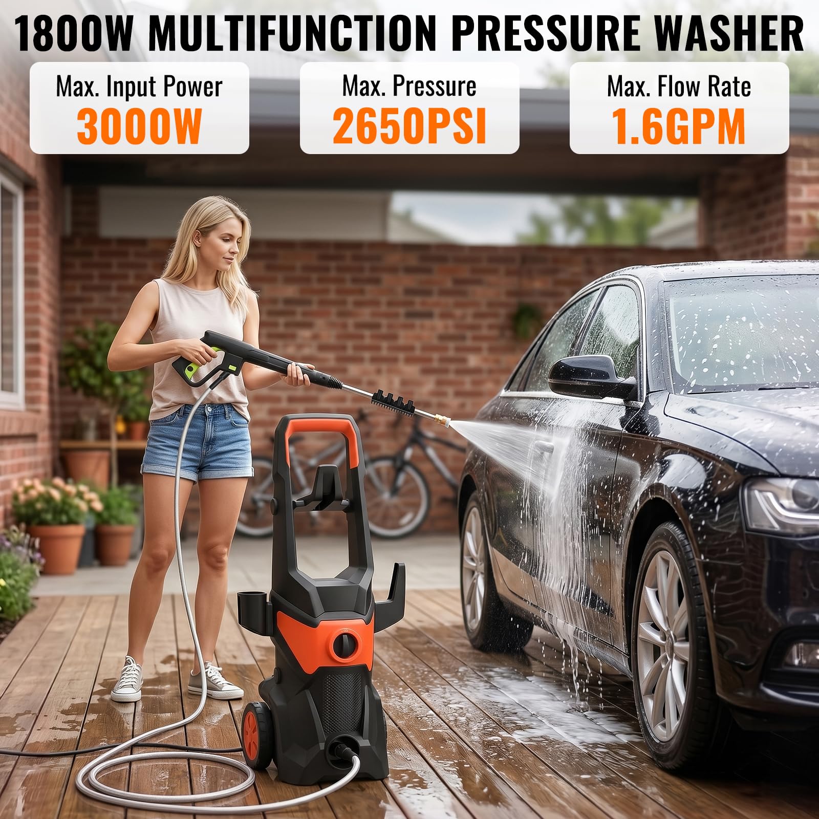 Nettoyeurs Haute-Pression 1800W avec Tuyau 10M, Débit 5.6l/Min