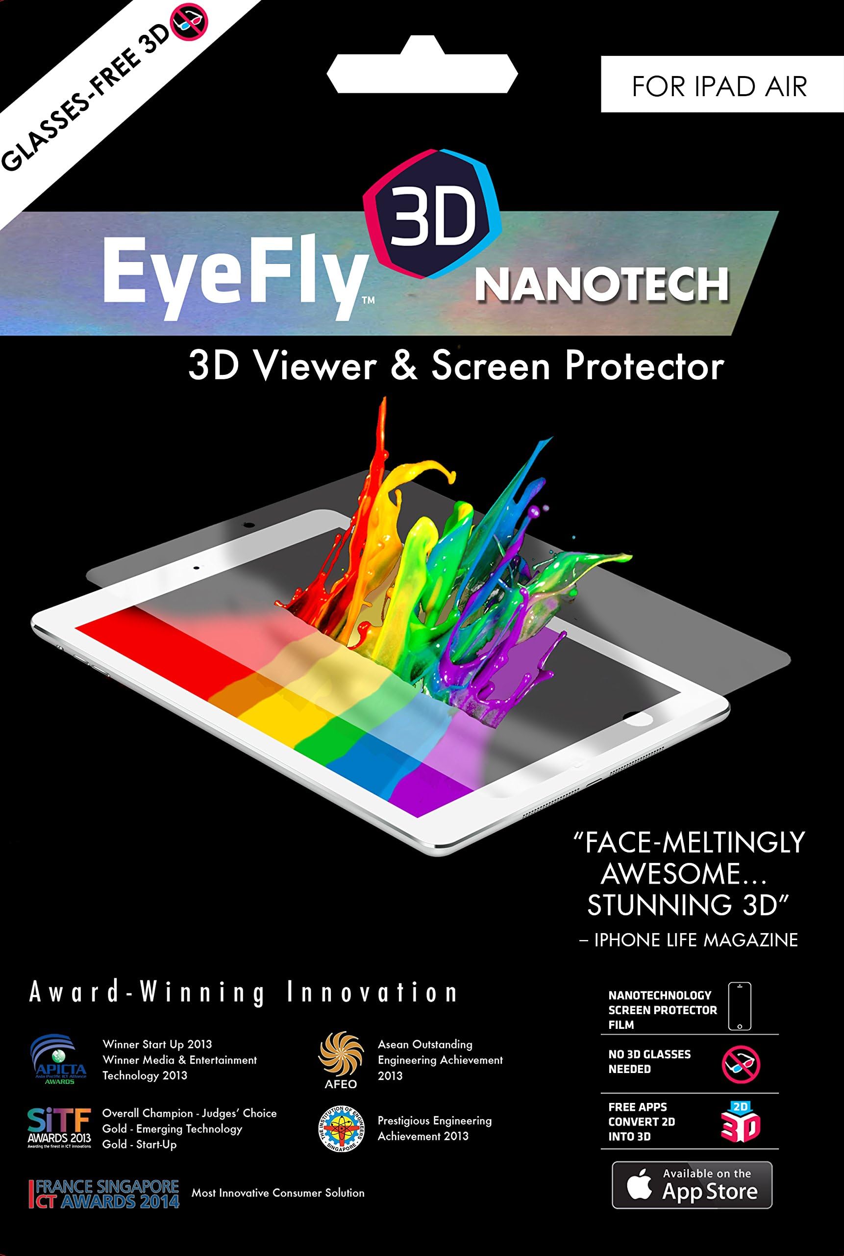 EyeFly3D Nanotech for iPad Air or iPad Air 2 - World's first PET (Polyethylene Terephthalate) screen protector which turns the ordinary iPad Air (or iPad Air 2) screen into a 3D display, without the need for 3D glasses. Fingerprint and Water Resistant.