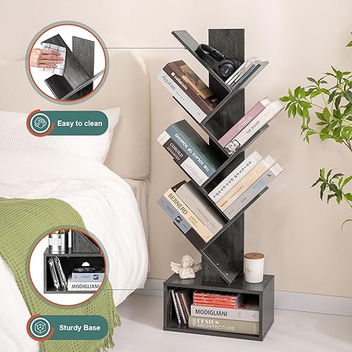 Miniatura 7 de Yoobure - Estantería de árbol de 6 estantes, estantería retro de pie, estante alto de madera para almacenamiento de libros para CDPelículas,