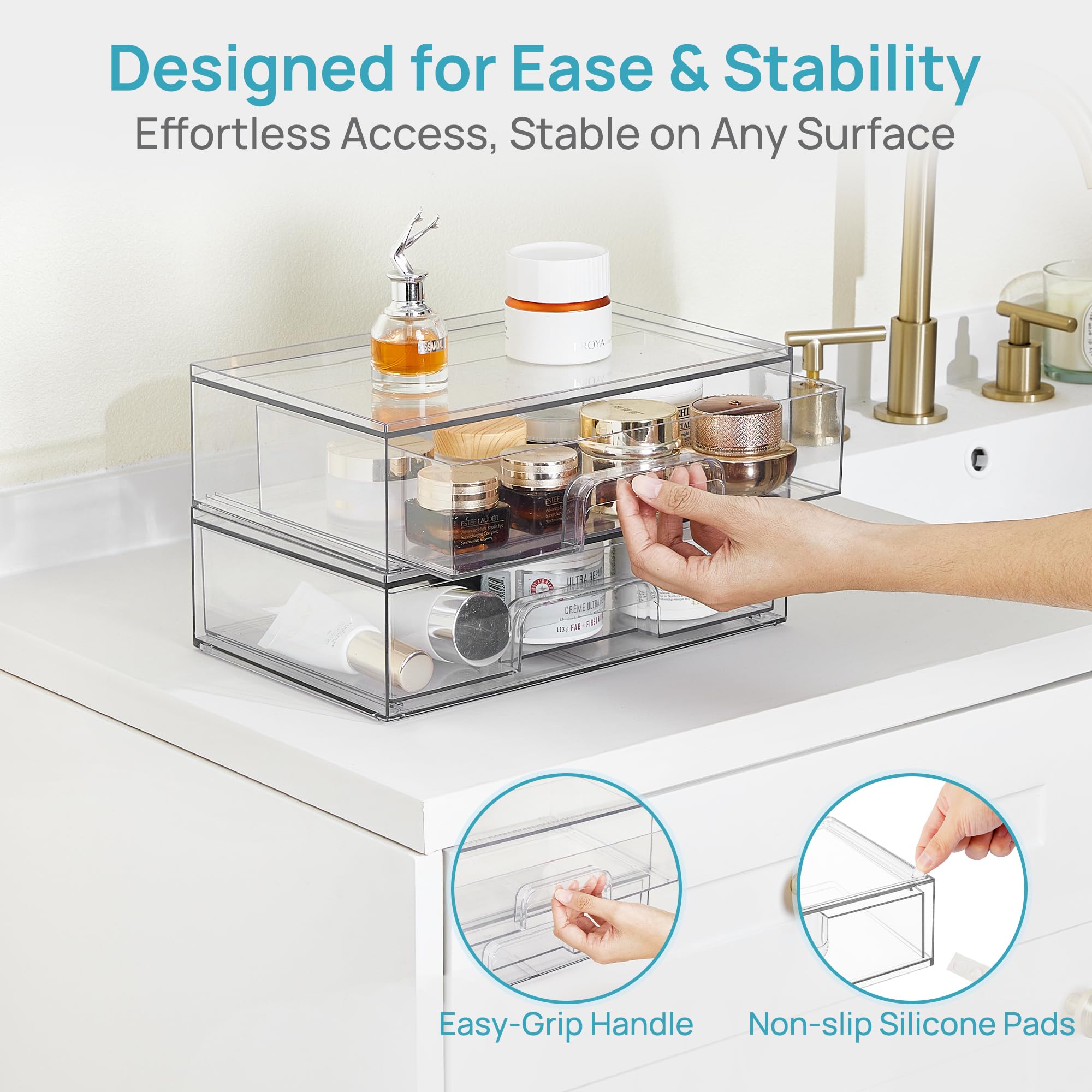 Vtopmart Boxen Aufbewahrung mit 3 Schubladen, Clear Schminktisch organizer, Anti-Rutsch Organizer Schublade Benutzt für Badezimmer, Schminktisch, Schreibtisch