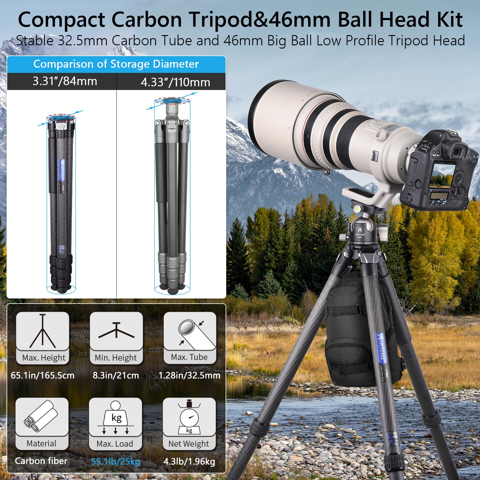 Trípode compacto para cámara de carbono con bola de 46 mm, cabezal de trípode de perfil bajo de 32,5 mm, tubo de pierna máximo, estable y ligero, soporte de viaje de fibra de carbono con cabezal de