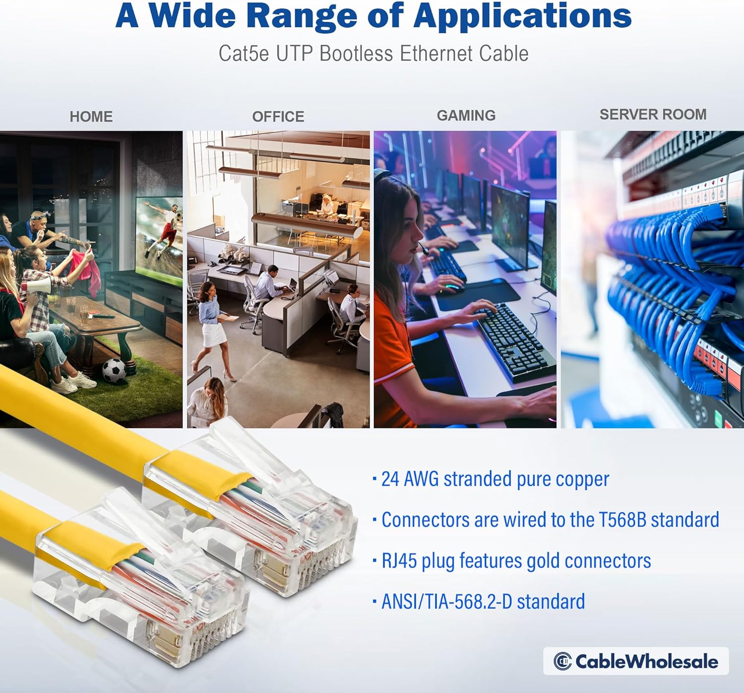 CableWholesale Cat5e Ethernet Cable, 24AWG Network Cable with RJ45 Gold Plated Connector, 4 Pair Stranded Bare Copper, Bootless Unshielded Twisted Pair (UTP) Internet Patch Cable, 100 Foot, Yellow