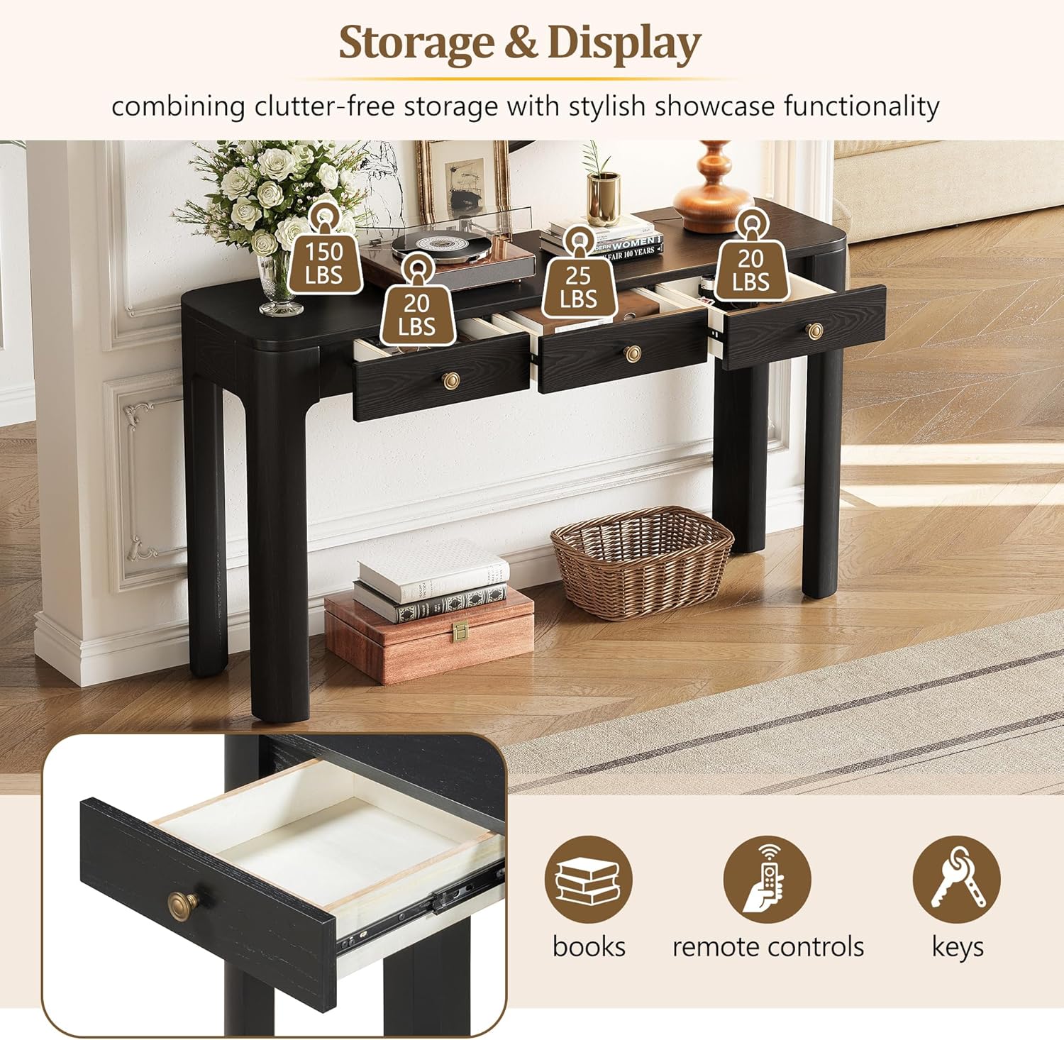 Wood Entryway Console Table with 3 Drawers and Curved Corners, 52'' Long Accent Sofa Table with Thickened Legs for Living Room Hallway (Black-10.17)