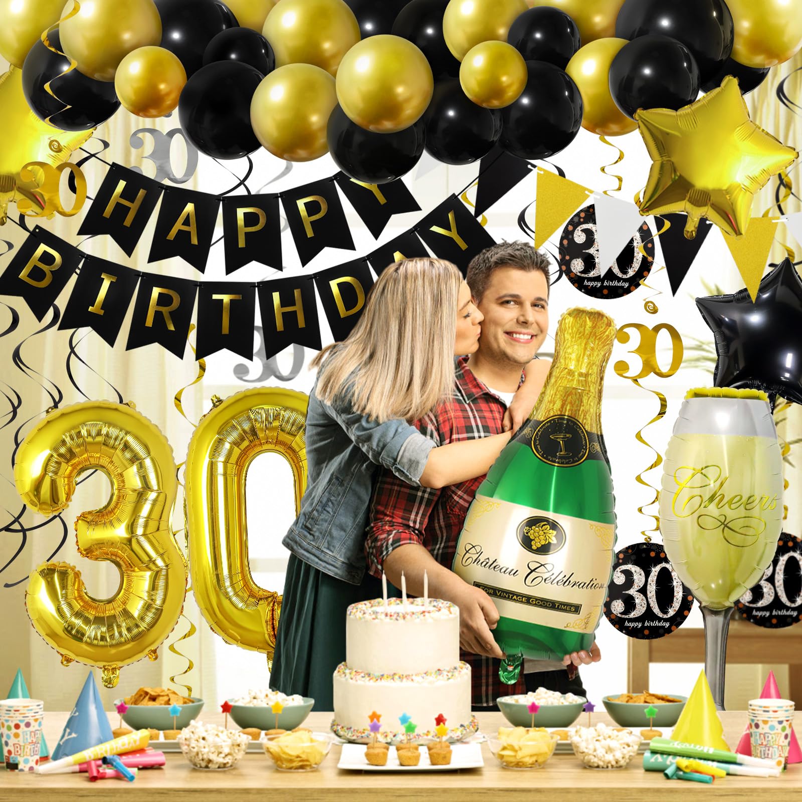 ZERODECO 30ème Bon Anniversaire Décorations, Noir Or Bannière De Happy Birthday Nombre 30 Étoile Bouteilles & Verre à Champagne Ballon En Aluminium Tourbillons Suspendus Fournitures De Fête 30 Ans
