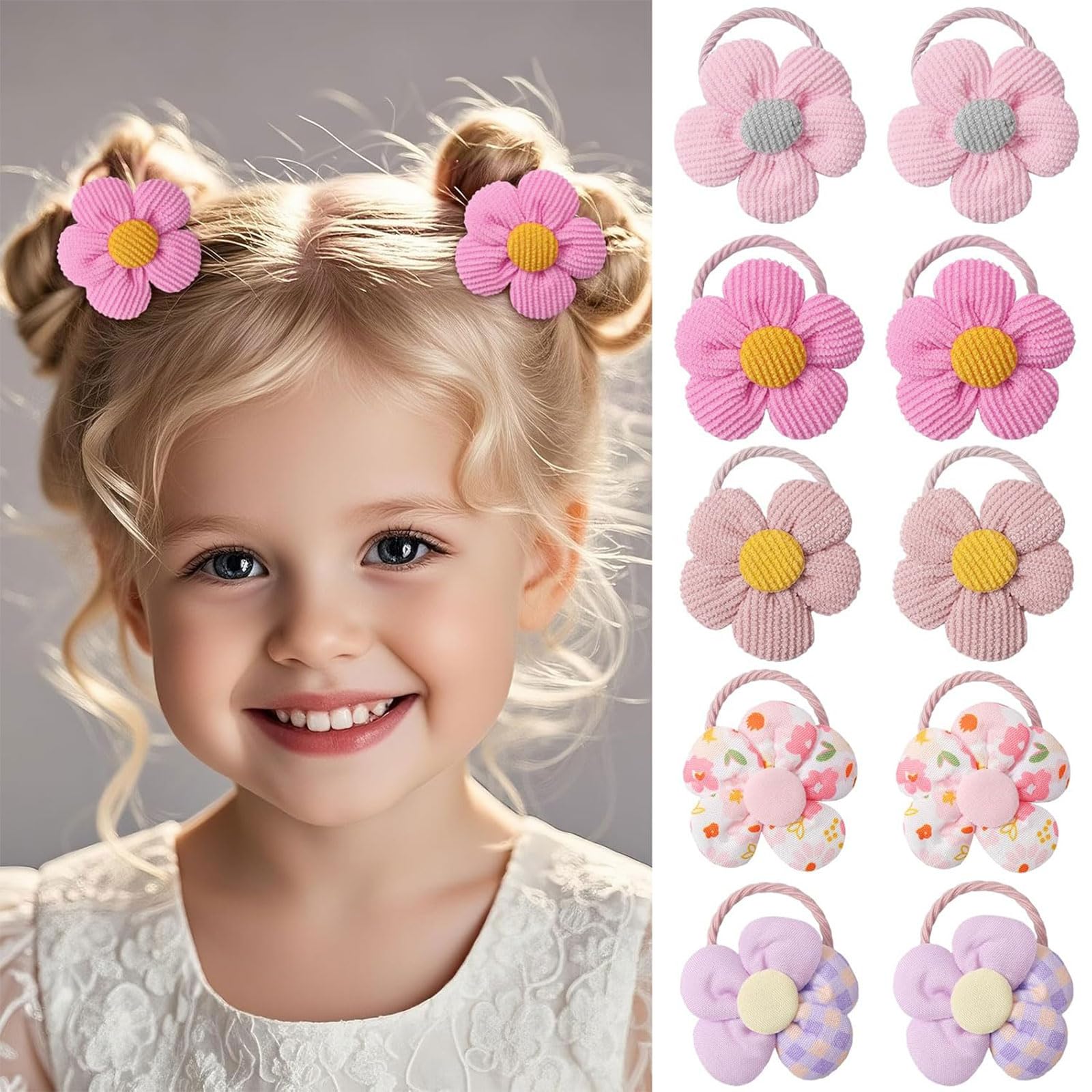 Kinretixia 10 Pack Flower Hair Bands for Toddlers, Cute Elastic Bands with Floral Pattern, Seamless Ponytail Holders, Hair Accessories for Little Girls with Thick Hair