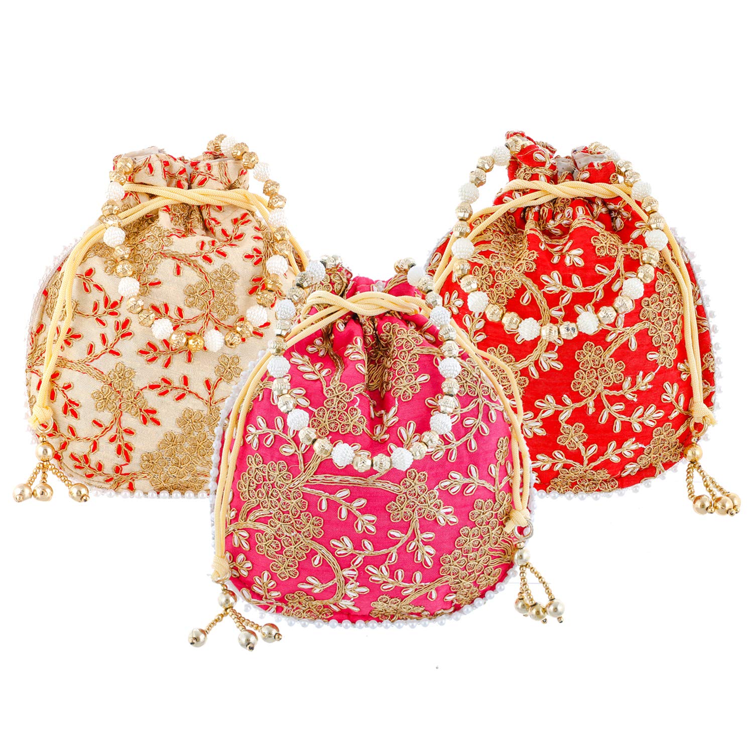 Kuber Industries Ethnic Clutch Silk 3 Pieces Potli Batwa Pouch Bag with Beadwork Gift for Women (Red, Cream & Pink) - CTKTC023057-picture-15