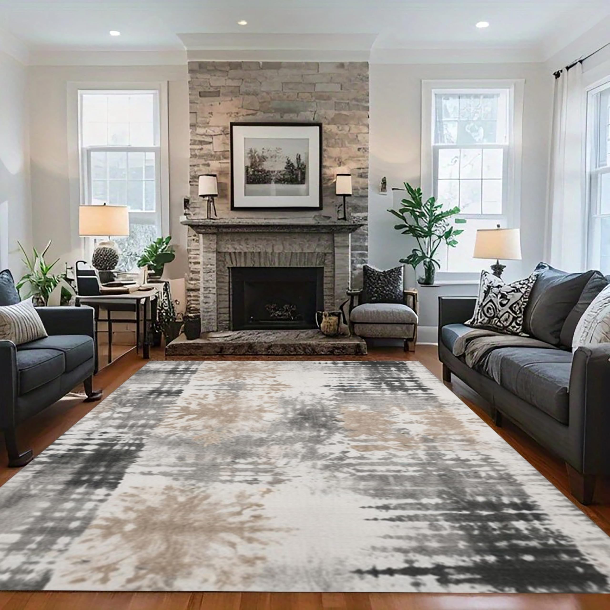 MUOUCTE Living Room Area Rug, 140x200cm Simple Atmospheric Black and Gray Tie-Dyed Rugs, Non-Slip Washable Interior Decorative Floor Rug, Suitable for Apartment Dormitory Home Entrance Carpet
