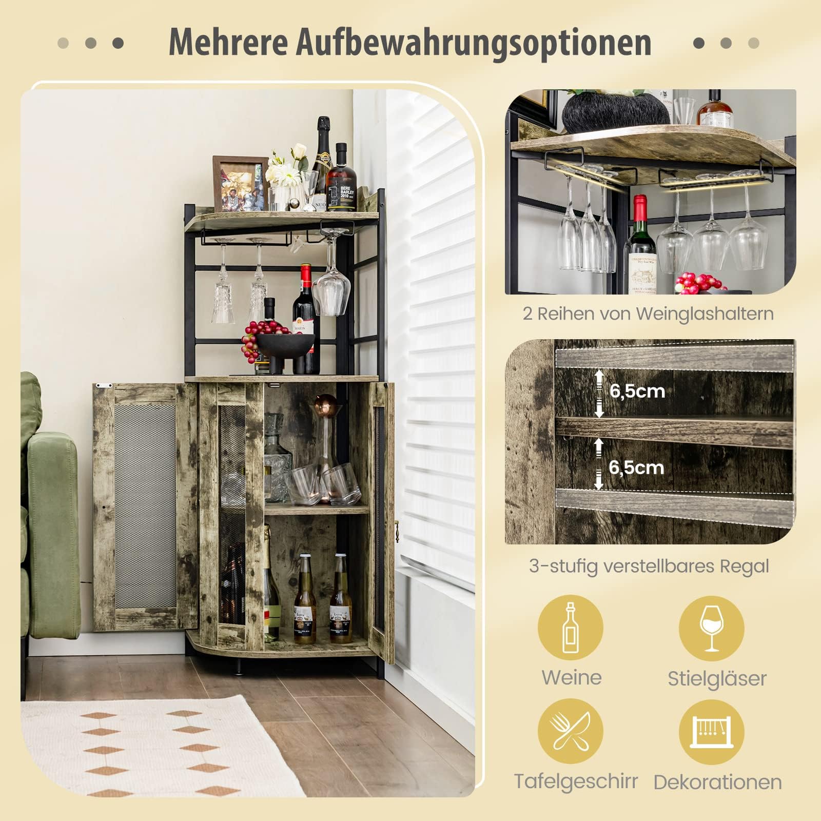 FANTASK Weinschrank Eckschrank, Barschrank Industrial mit Glashalter, Küche Hausbar aus Metallrahmen für Küche, Wohnzimmer, Esszimmer, 46 x 46 x 130 cm (Hellbraun)