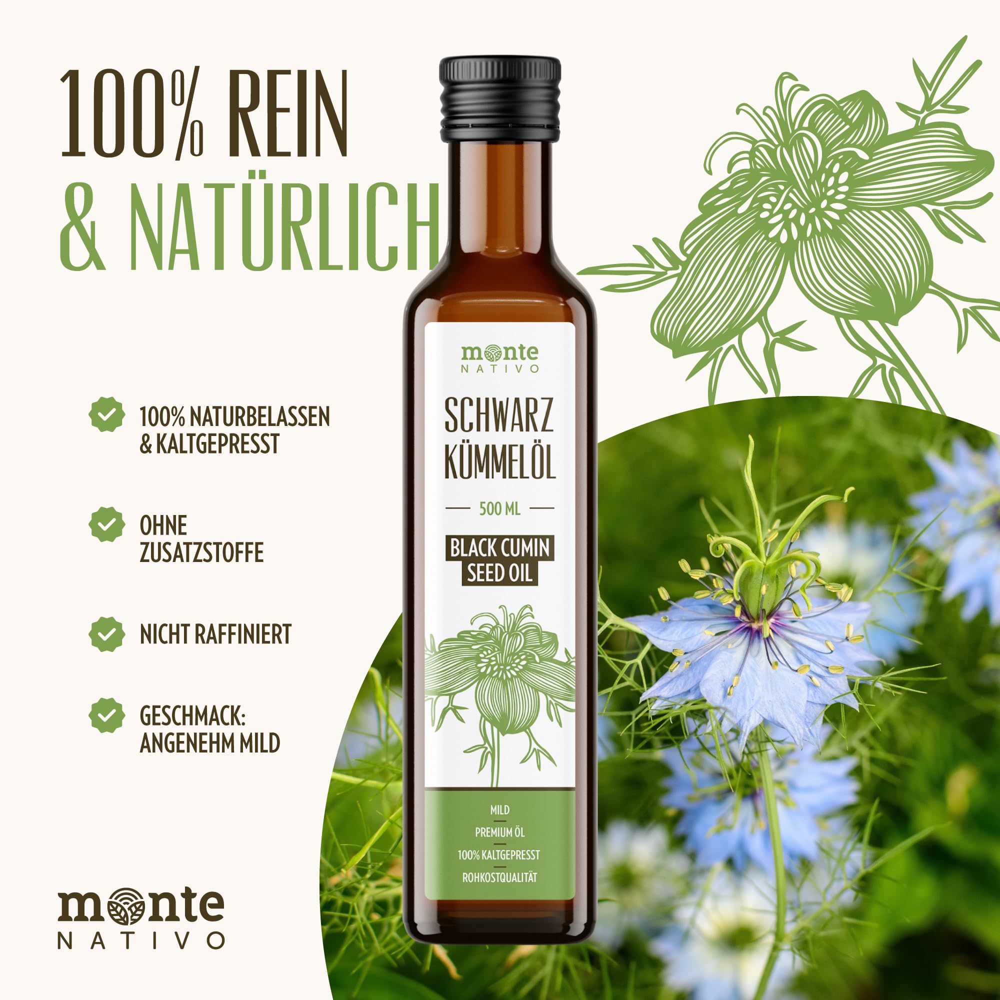 Aceite de Semilla de Comino Negro Monte Nativo (2x500ml) – Aceite de Nigella Sin Filtrar – Prensado en Frío – Sabor Suave – Puro y Natural – Aceite de Semilla Negra