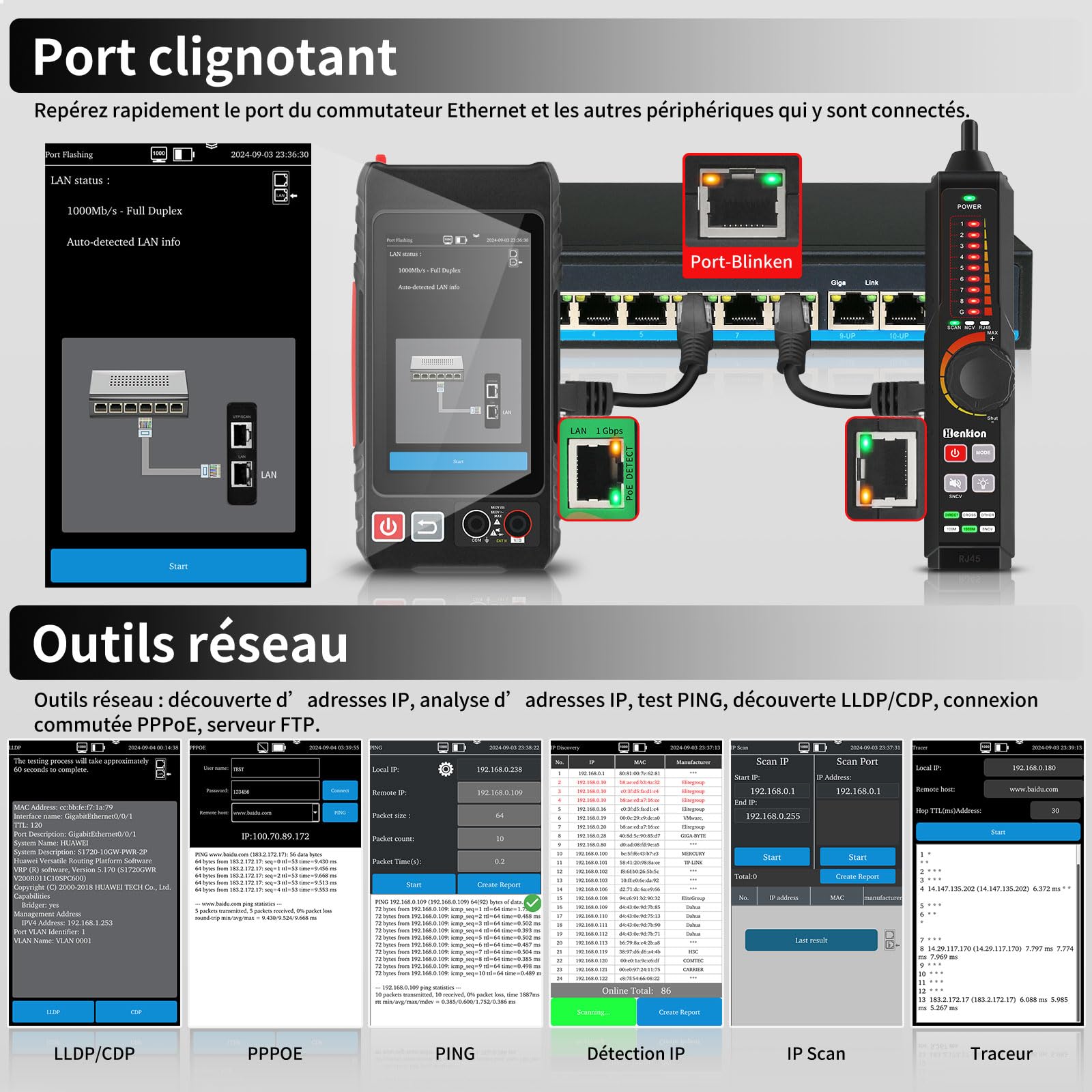 Henkion Testeur Câble Réseau RJ45 Professionnel Écran IPS 4", Ethernet Tester Rechargeable, Outils Réseau, Détection POE++, Digital Multi-Meter, OPM, Mesureur de Longueur Câble, TDR, NCV, LEVEL METER