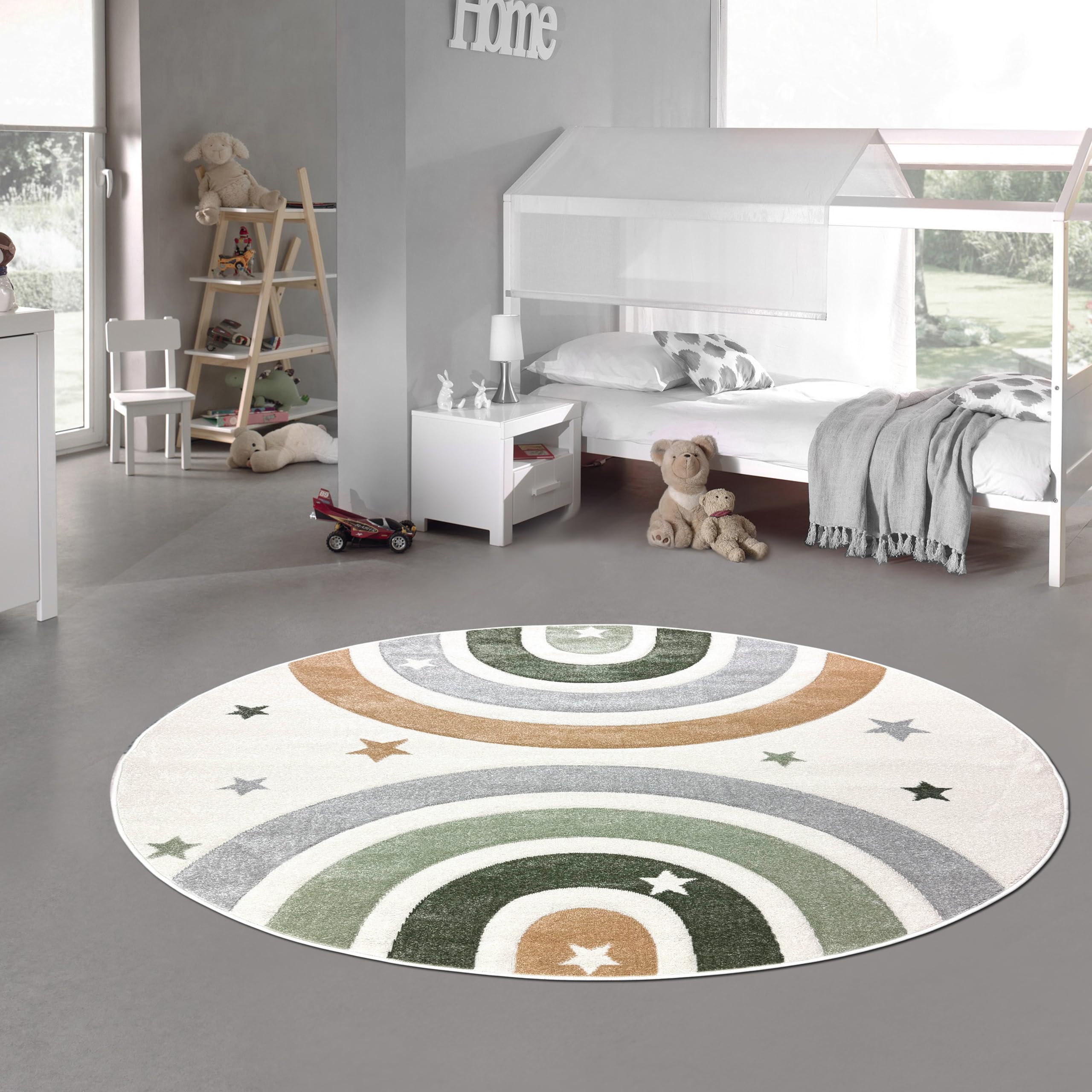 Teppich-Traum Alfombra para habitación infantil, fácil de limpiar, suave, mullida, diseño de arcoíris, color crema pastel, 160 cm, redonda