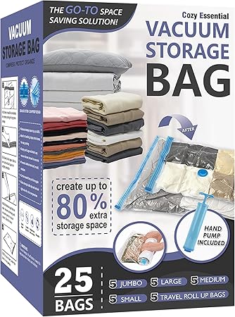 25 Pack Vacuum Storage Bags, Space Saver Vacuum Storage Bags, Vacuum Seal Bags for Clothing, Clothes, Comforters and Blankets, Hand Pump Included 25 Pack Vacuum Storage Bags, Space Saver Vacuum Storage Bags, Vacuum Seal Bags for Clothing, Clothes, Comforters and Blankets, Hand Pump Included