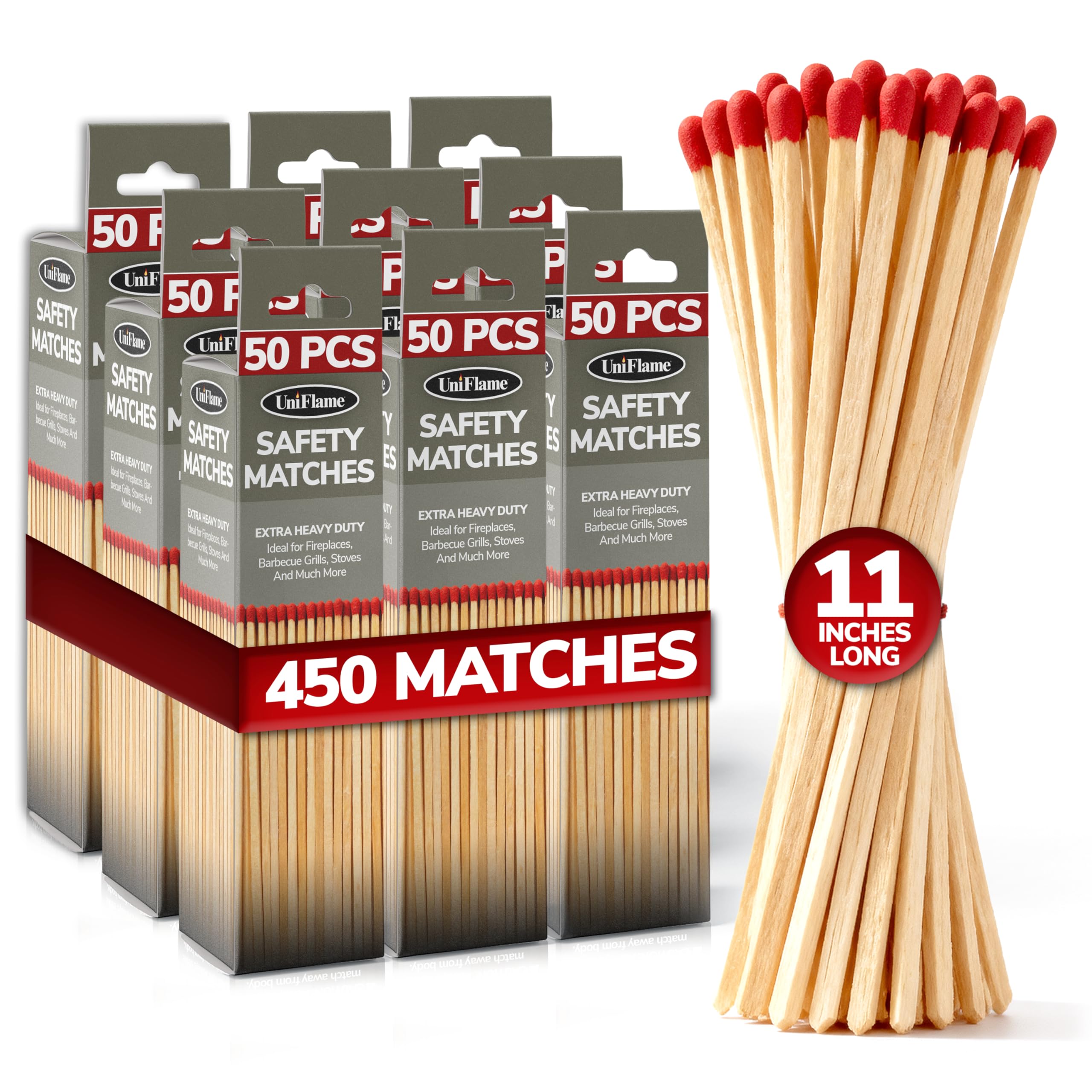 Sponsored Ad - 11-Inch Extra Long Wooden Safety Matches (9 Pack) - Ideal for Lighting Fireplace, Candles, Grills & Camping Firepits - Strike on Box - Heavy Duty Long Matches for Fireplace - 450 Count