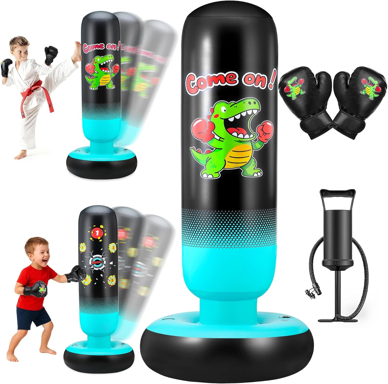Punching Bag for Kids 65" Inflatable Dinosaur Kids Punching Bag with Boxing Gloves Boxing Bag Set with Pump Dinosaur & Hitting Target Pattern 2 in 1 Birthday Gifts for Boys & Girls Age 3-12