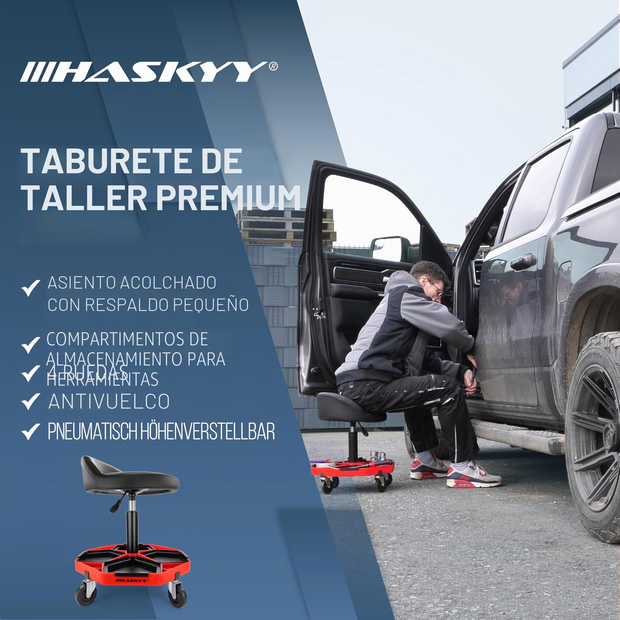 HASKYY Taburete de Taller con Respaldo, Altura Regulable de 43 a 58 cm, Taburete Giratorio para con Ruedas de 360 °, hasta 150 kg, Asiento de Taller con Compartimentos de Almacenamiento
