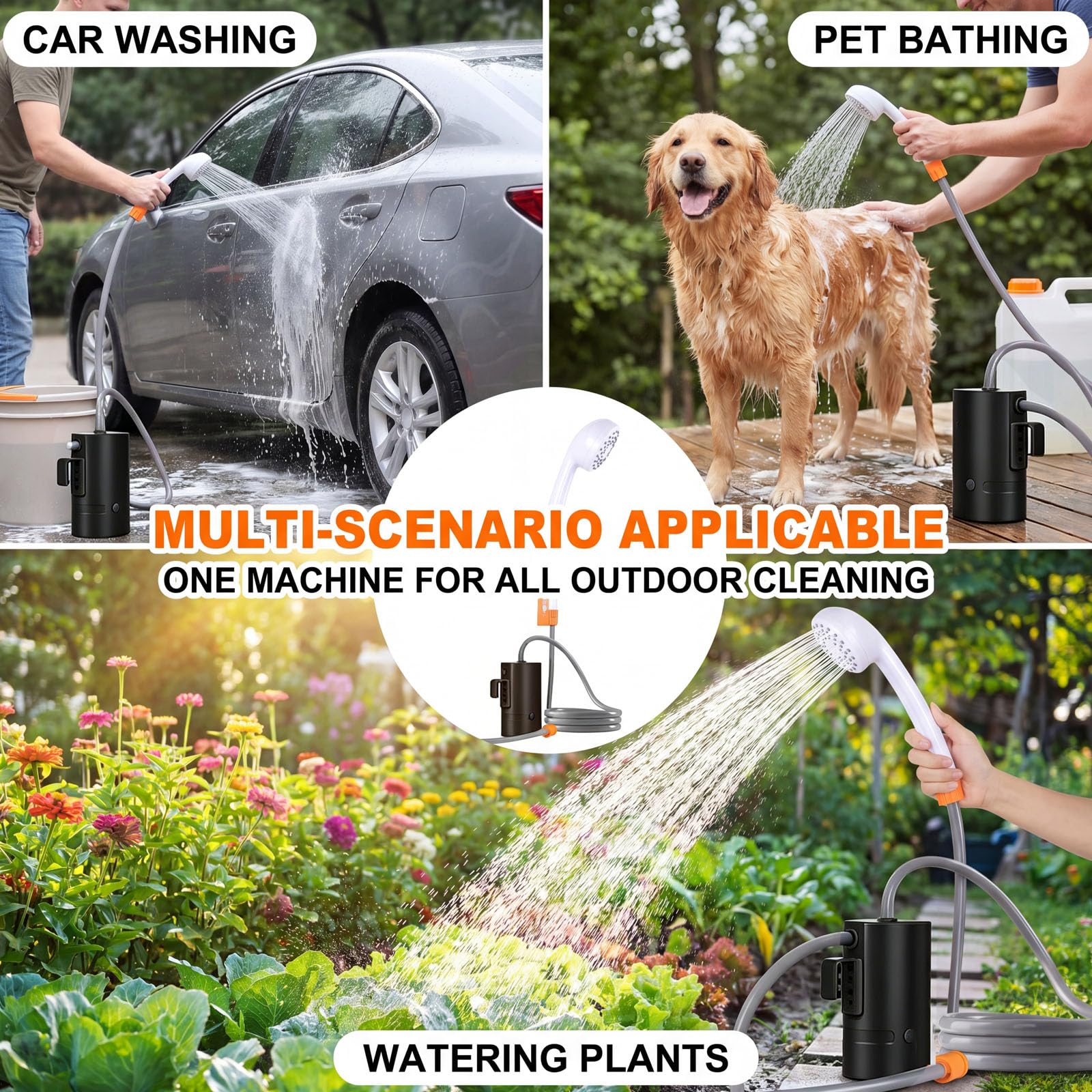 Ducha portátil al Aire Libre, IPX7 Resistente al Agua, con luz LED, batería de 4400 mha, Carga USB, Bomba de Ducha eléctrica+Bolsa de Agua de 20 l, Adecuada para Senderismo, mochilero