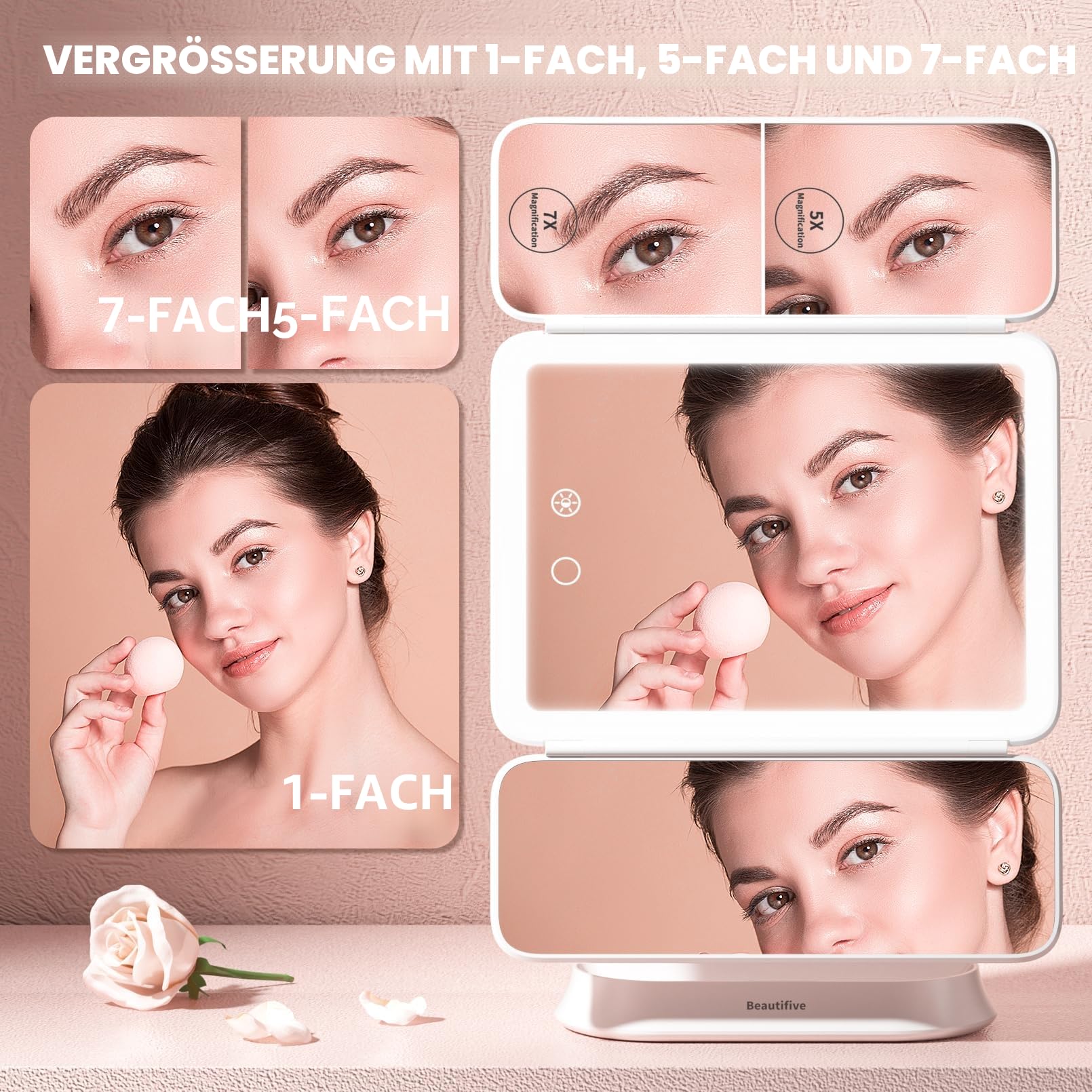 360° Drehbarer & Abnehmbarer Schminkspiegel mit Beleuchtung, 7X/5X/1X Reisespiegel mit Licht, Kosmetikspiegel mit Beleuchtung, 3 Lichtfarben vergrößerungsspiegel Klappspiegel für Schminktisch