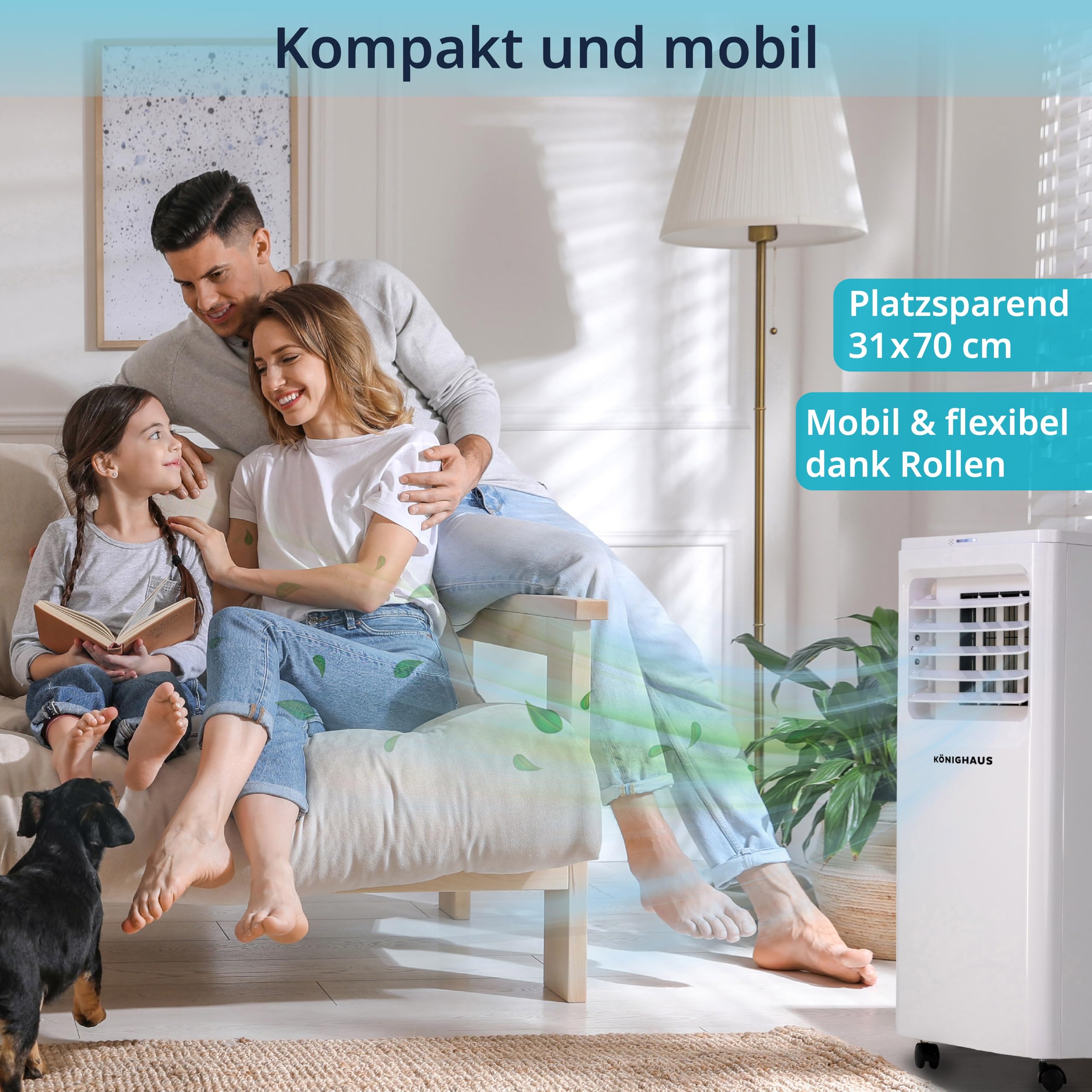 Könighaus Smarte Mobile Klimaanlage 9000 BTU für Räume bis 20m² - 4-in-1 | Kühlung, Entfeuchtung, Ventilator und Luftreinigung – energieeffizient (A) – inkl. Fernbedienung und App-Steuerung