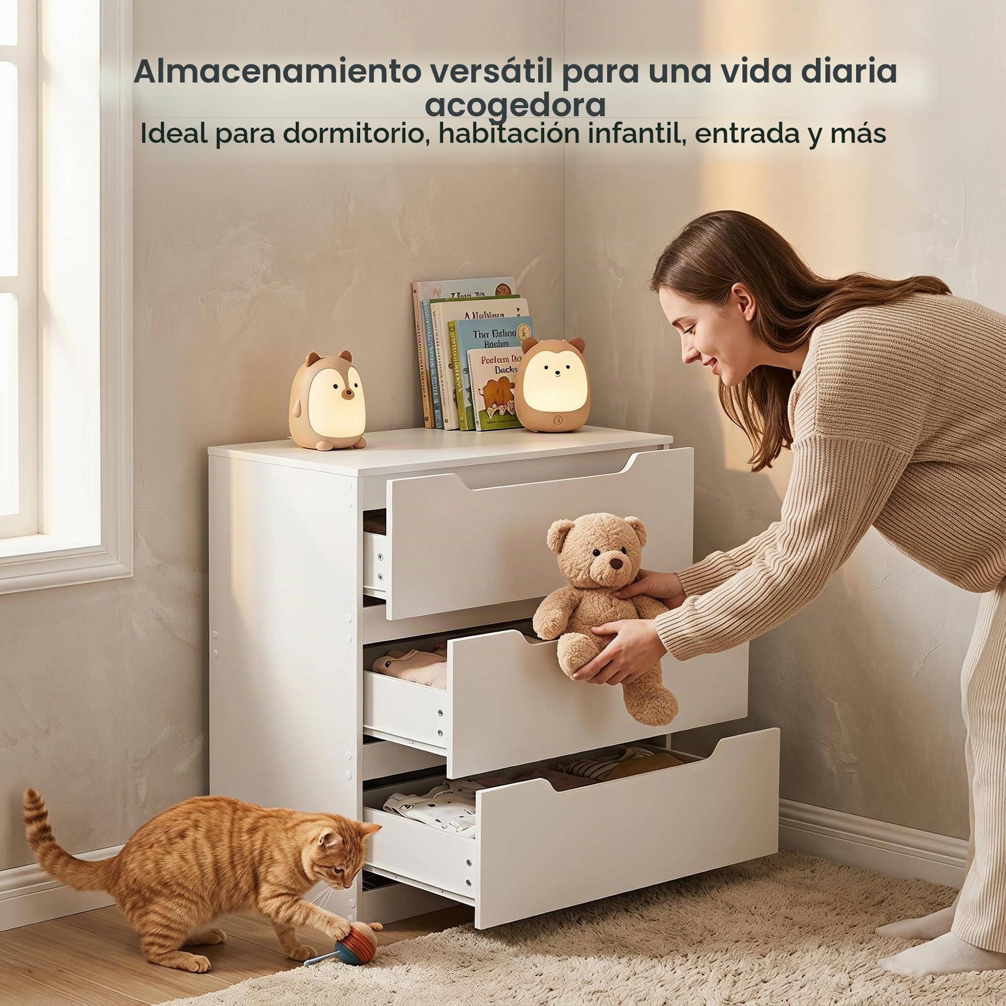 Cómodas de 3 cajones, MDF melamina Doble Cara Blanca 70x40x75 cm, Mueble Almacenamiento multifunción con Kit antivuelco para Dormitorio, Cocina, salón y recibidor, Blanco