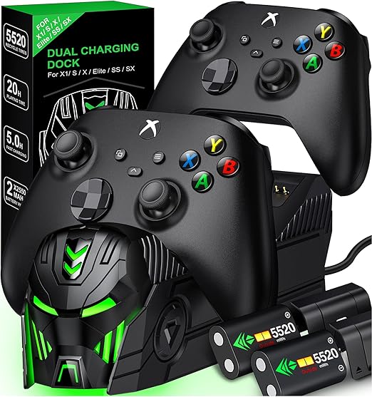Rechargeable Controller Charger Station with 2X 5520mWh Battery Pack Accessories Storage Kit Compatible With Xbox One Series X/S/One/One X/One S Elite with 4 Battery Cases