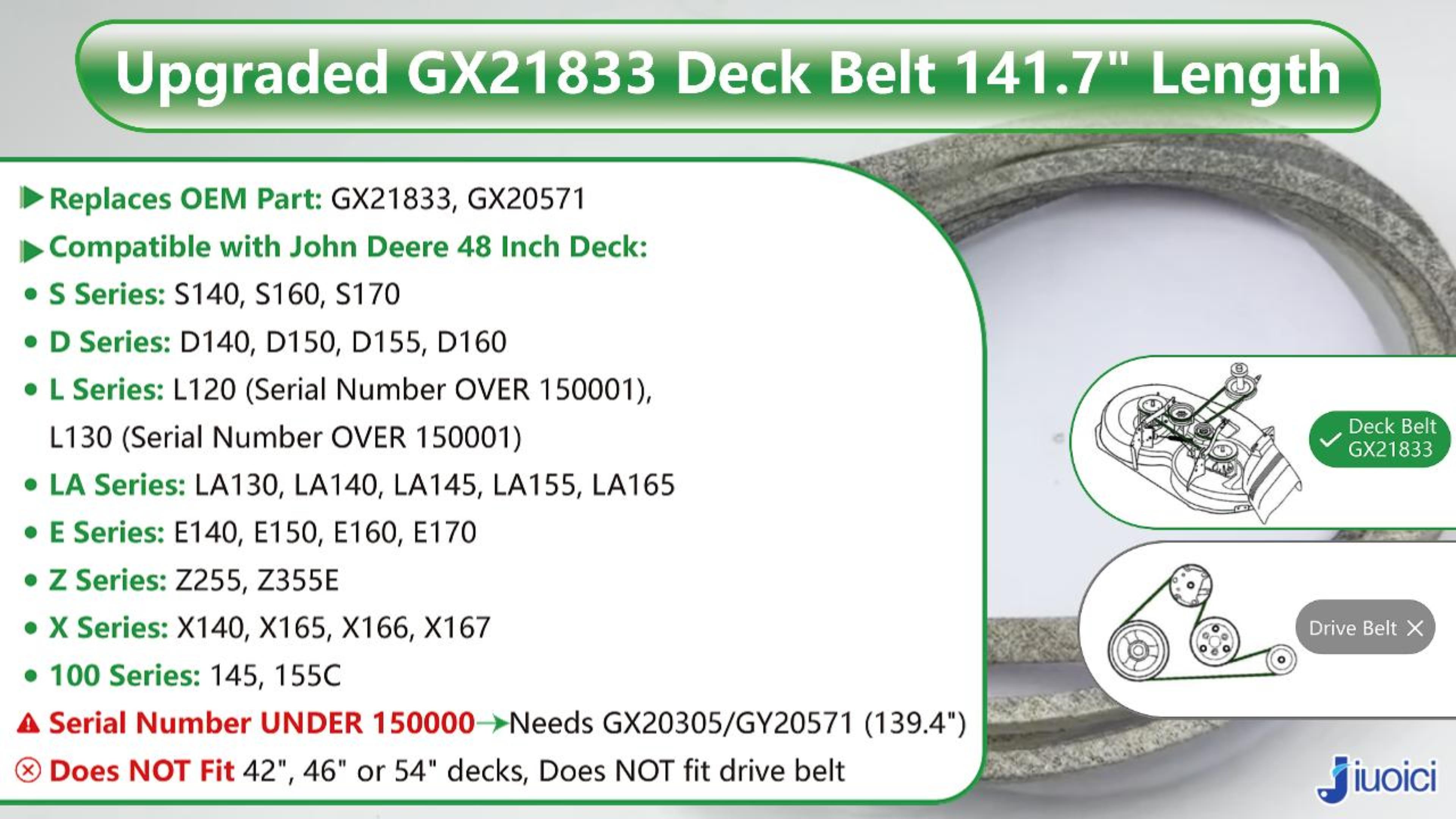Image of GX21833 (141.7 inch) Heavy-Duty Mower Deck Belt Fits John Deere 48 inch Deck | Fits John Deere 48 inch D140 L130 L120 LA145 D160 E140 LA130 E170 D155 S170 E160 S140 Z255 155C D15, Aramid Core, Zero-Stretch