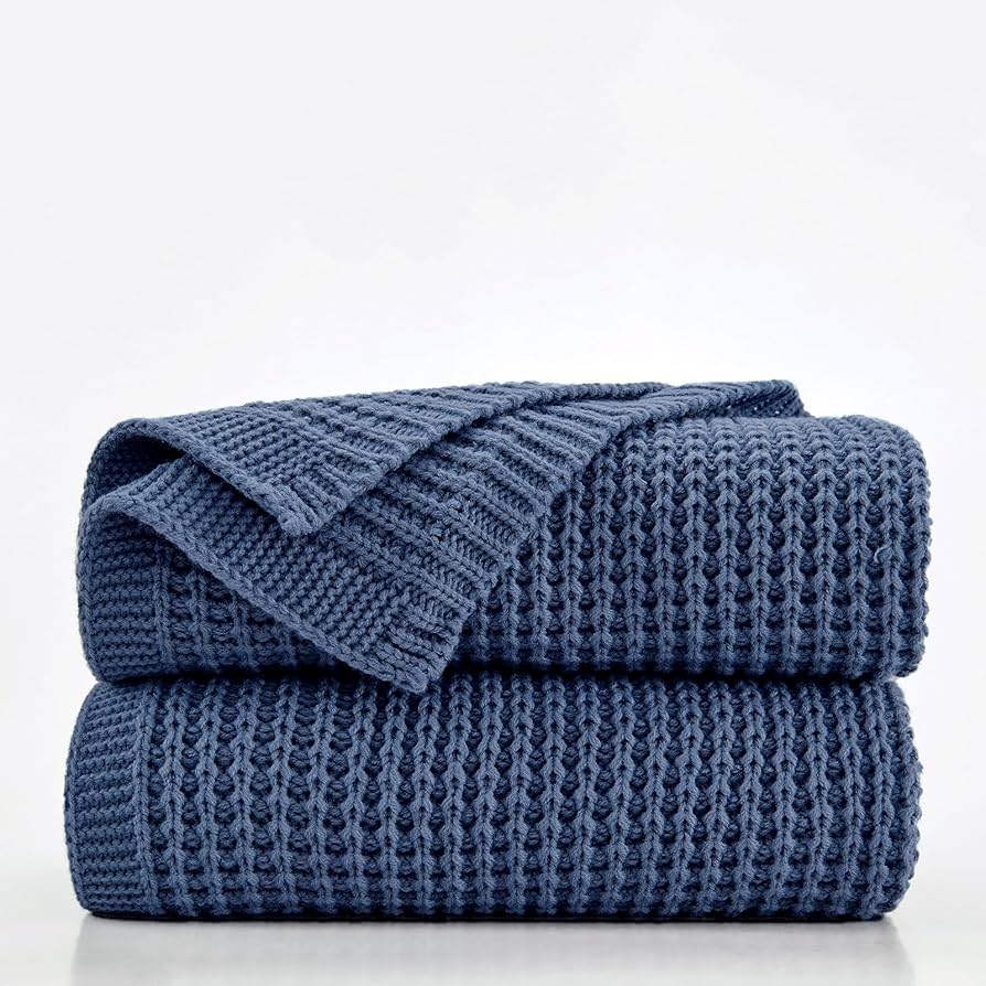 Douceur Folkstone Blue Throw Blanket for Bed, Soft Chunky Cable Knit Throw Blanket, Classic Fisherman's Rib Stitch Pattern Throw for Living Room Gfit, 60"X80"