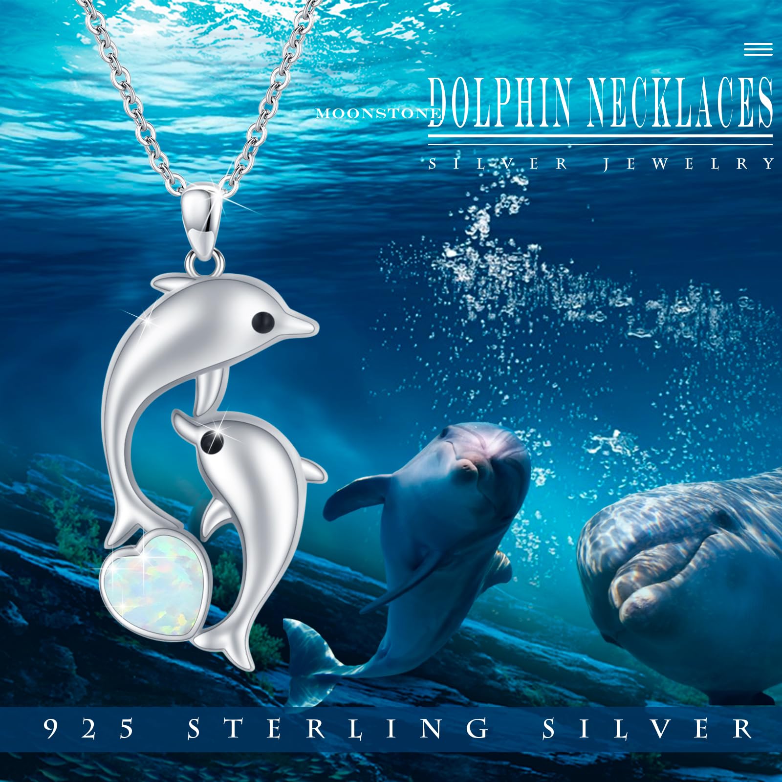 REDSUN Silber/Gold Delphin Anhänger Halskette Damen 925 Sterling Silber Blau Herz Kristall/Mondstein Kette für Frauen Mädchen– Geschenk Geburtstag Muttertag Weihnachten Abschluss Freundin Mutter