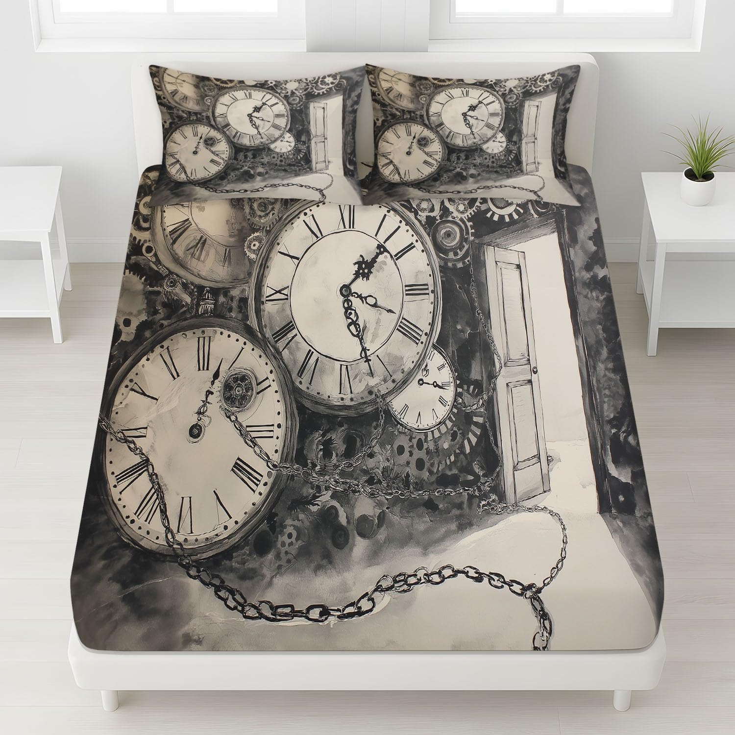 Grau Spannbettlaken Abstrakt Uhr Zahnräder Ketten Blatt 180 x 200 cm x 30 cm, Bettlaken für Mädchen Jungen Teenager,Vollständig elastisches Spannbettlaken Schlafzimmer Dekor